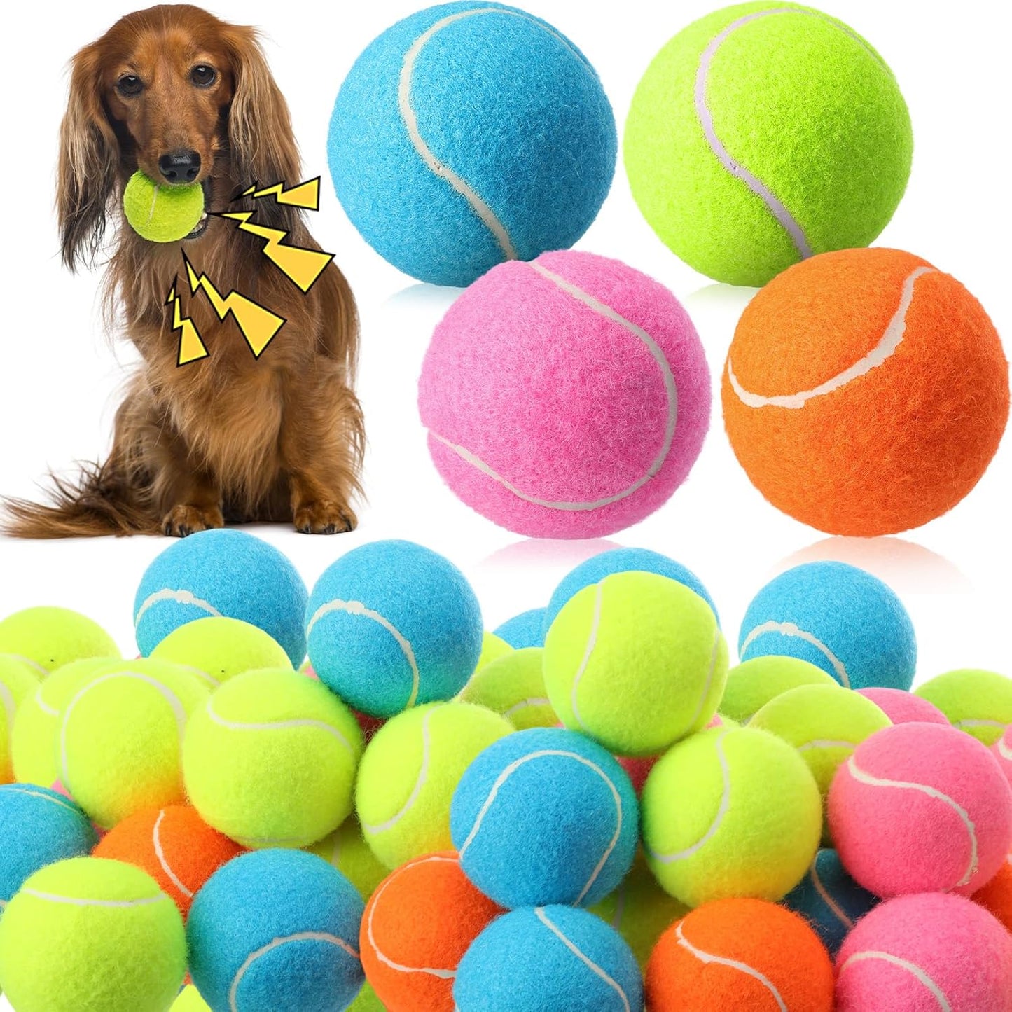Skylety 100 Pcs 2.5 inch Squeaky Tennis Balls Bulk for Dogs Bouncy Floatable Tennis Balls Dog Playing Supplies Training Interactive Fetch Toys for Small Medium Puppy Exercise and Practice (Multicolor)