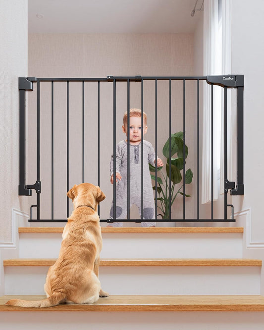 Cumbor 29.2-43" No Bottom Bar Baby Gate for Stairs, 2-in-1 Hardware Mounted Dog Gate Indoor, Wide Pet Gates for Doorway with Large Walk Thru Door, Child-Proof Gate for Top & Bottom of Stairs(Black)