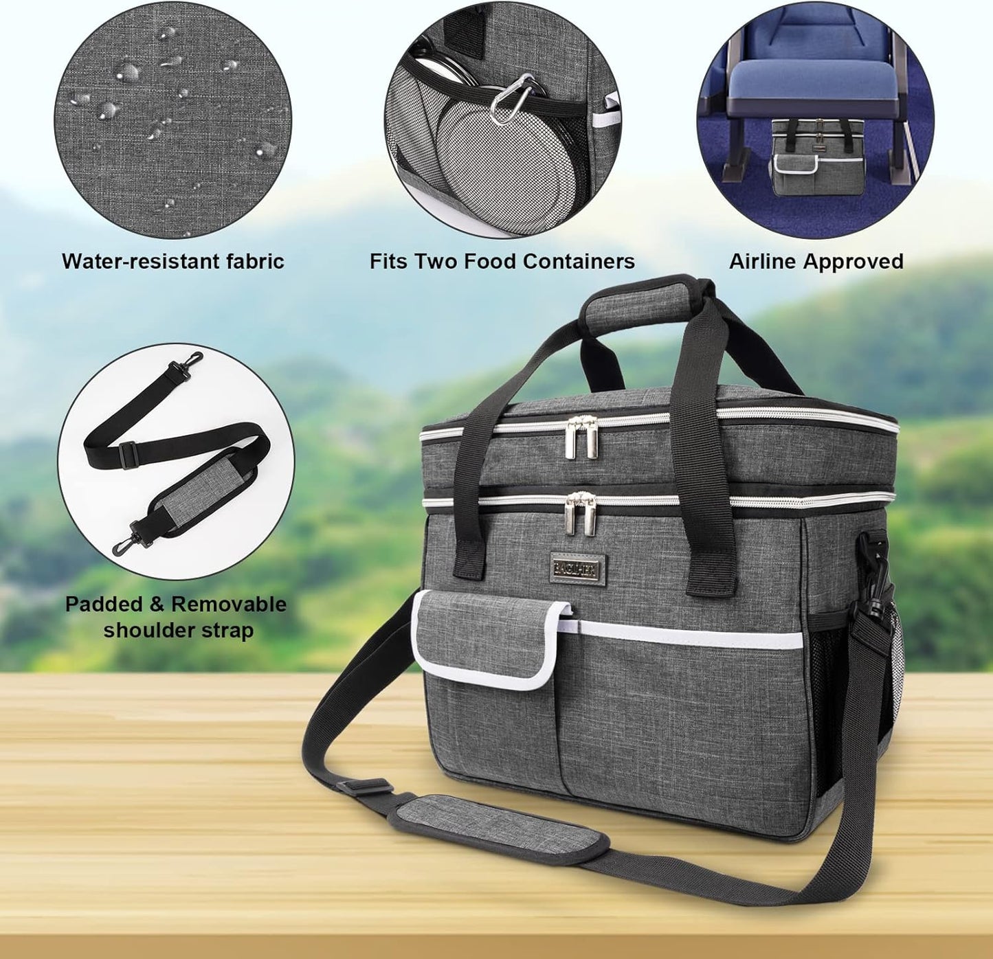 BAGLHER Dog Travel Bag for Supplies - Double-Layer Airline Approved Weekend Pet Travel Organizer Set for Dog and Cat Tote with 2 Pet Food Containers and 2 Collapsible Silicone Bowls Grey