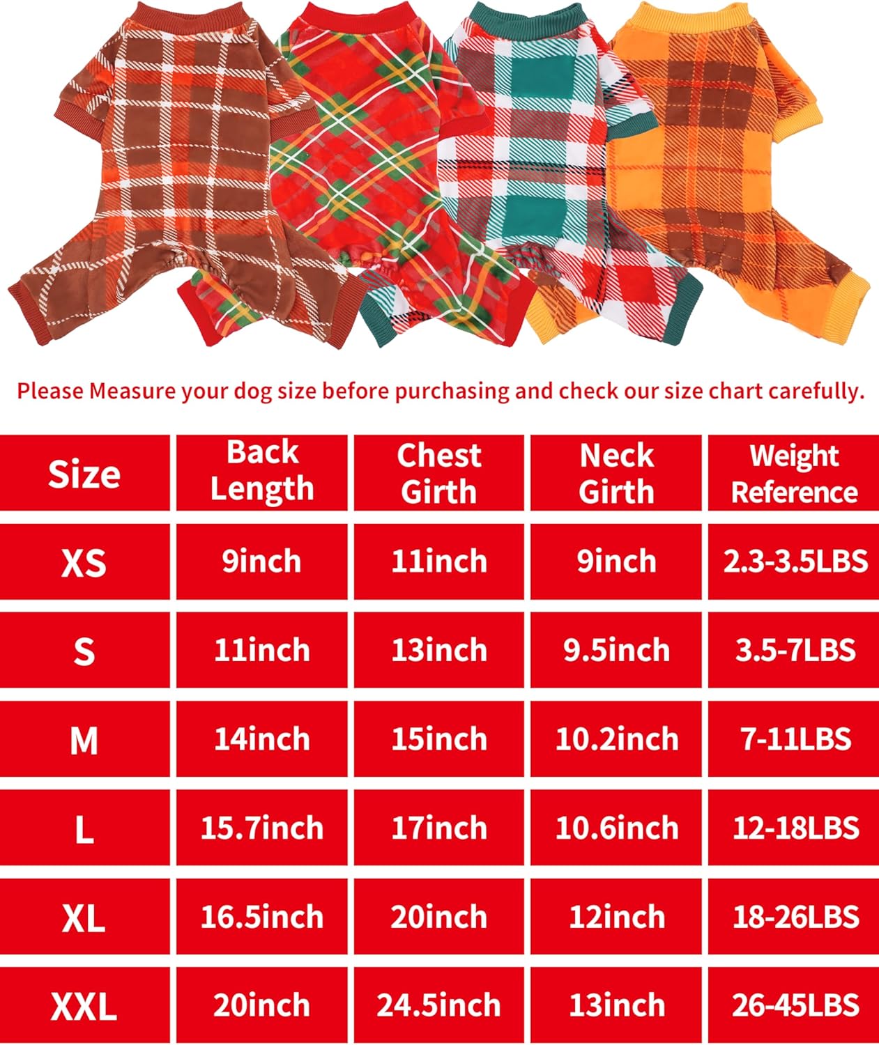 PET SHOW 4 Pack Small Dog Pajamas Holiday Dog Clothes for Medium Dogs Girl Boy Soft Stretchy PJs Plaid Jumpsuit Puppy Cats Fall Onesies Christmas Outfits with Sleeve Pets Dachshund Costume(L, Plaid)