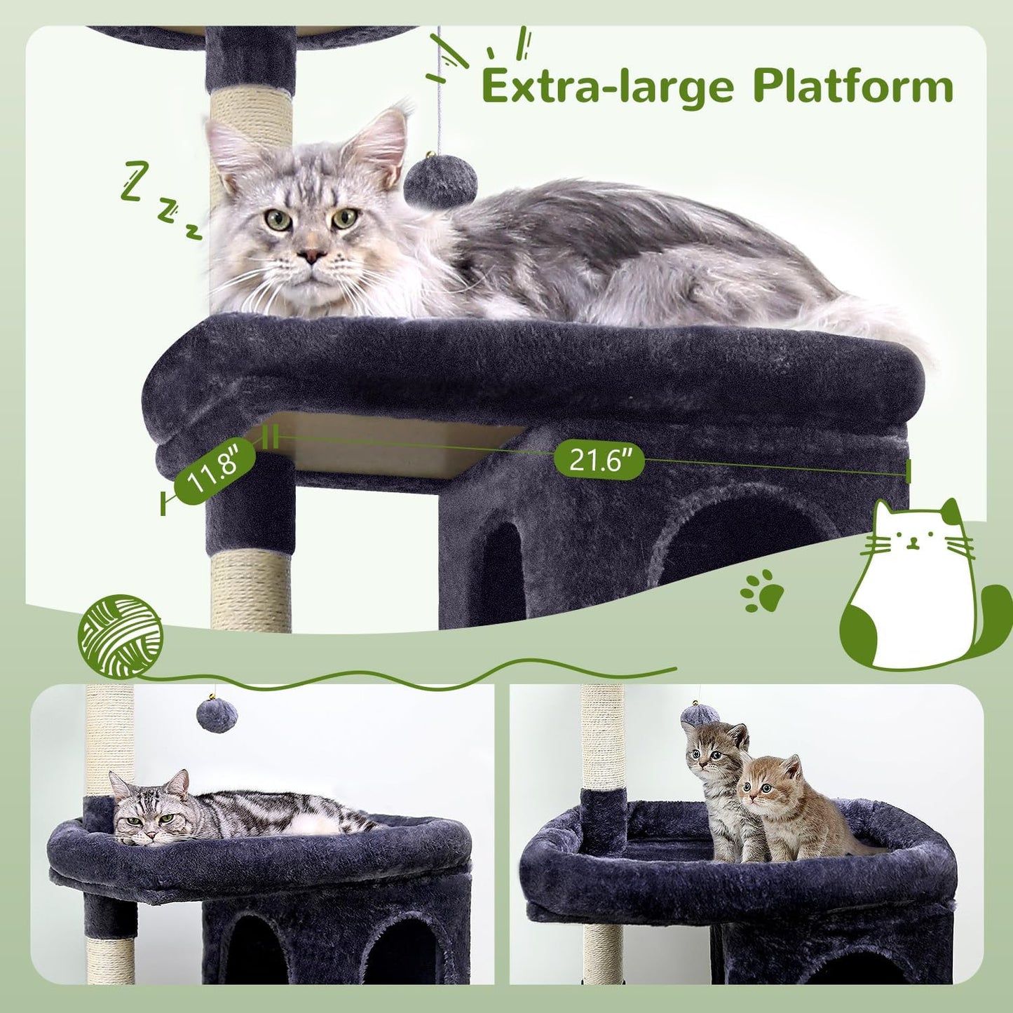 Globlazer Heavy Duty Cat Trees for Large Cats, Sturdy 72in Maine Coon Cat Tree for Large Cats 20 lbs+ Heavy Duty Cat Tower for Adult Biggest Cat with 6 Scratching Posts, Hammock, S72, Dark Gray