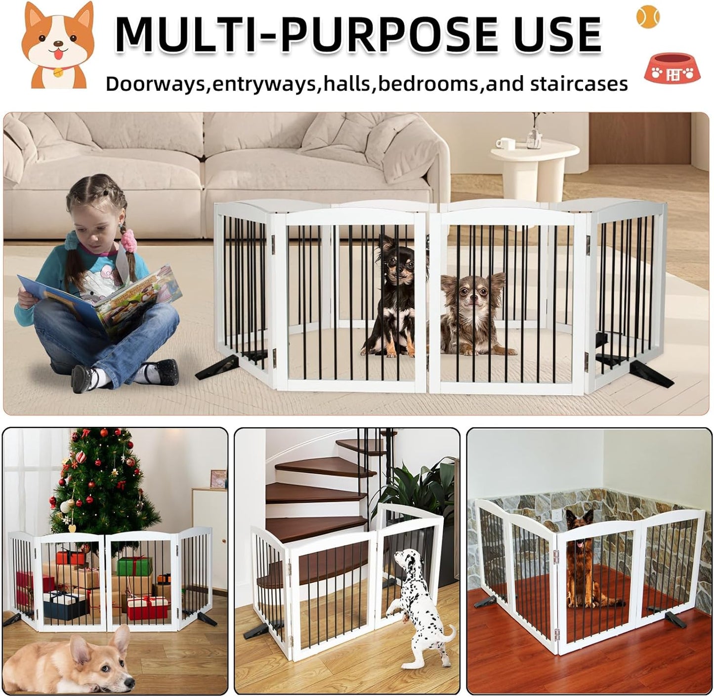 ZJSF Freestanding Panel Dog Gate for Indoor, Doorways,Stairs, or Hallways,Foldable Wooden White Pet Gates for House,Pet Gate for Dogs,Dog Fence, Puppy Gate,Support Feet Included,24 "Height-4 Panels