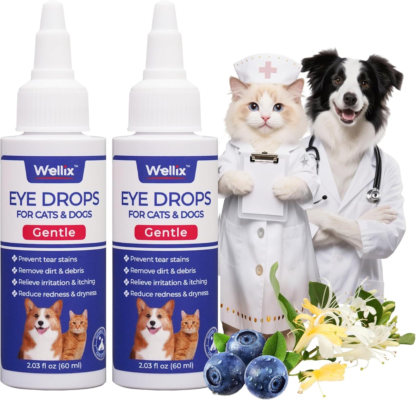 Wellix PET Dog Eye Drops for Dogs&Cats - Dog Eye Infection Treatment to Soothe Eye Allergy, Soothe Dry&Pink Eyes, Dog Tear Stain Cleaner(2X60ml)