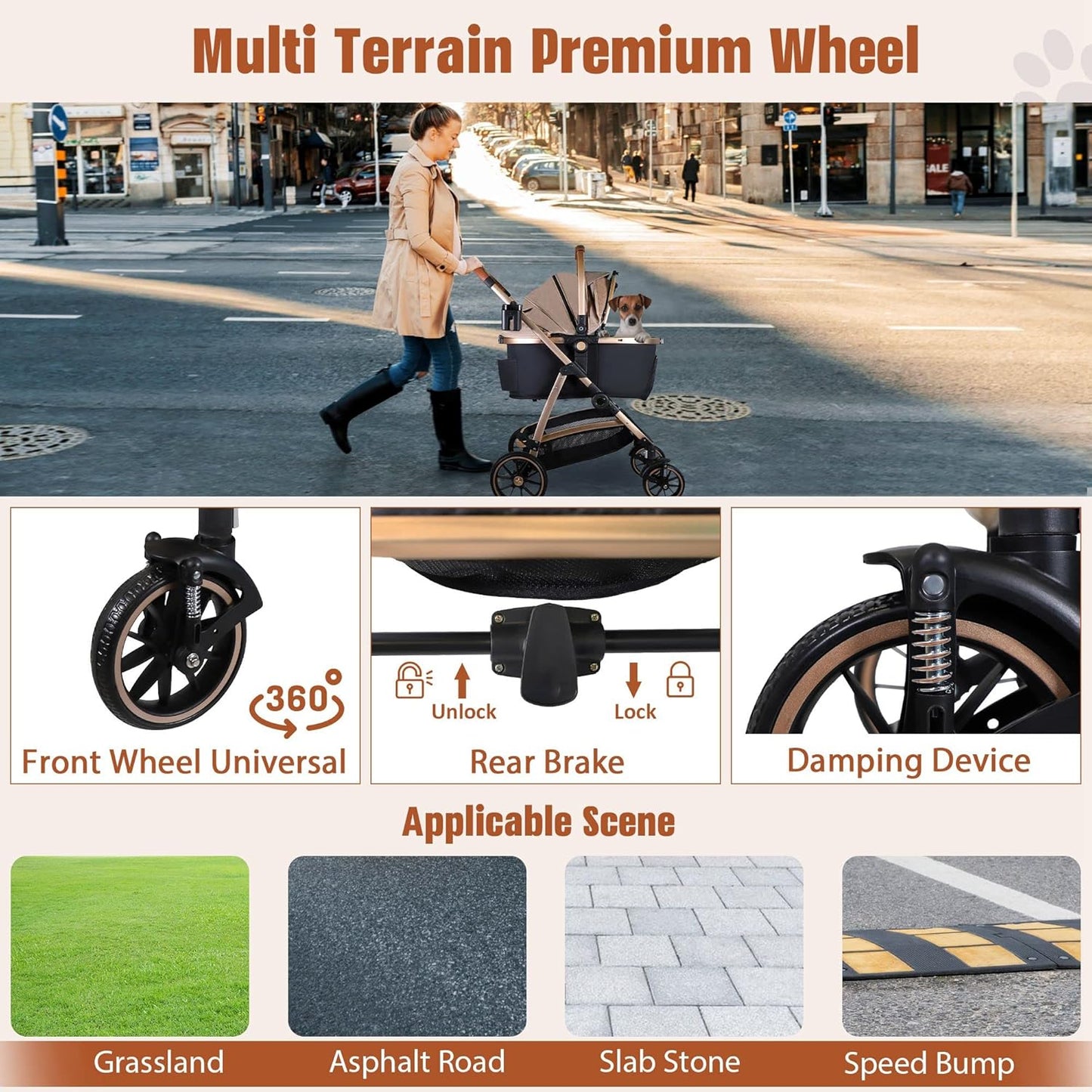 3 in 1 Multifunction Pet Stroller for Small Medium Dogs Cats, No-Zip Dog Stroller with Detachable Carrier & Cup Holder, One-Hand Quick Fold, 4 Wheels Travel Foldable Aluminum Alloy Frame Up to 33 lbs