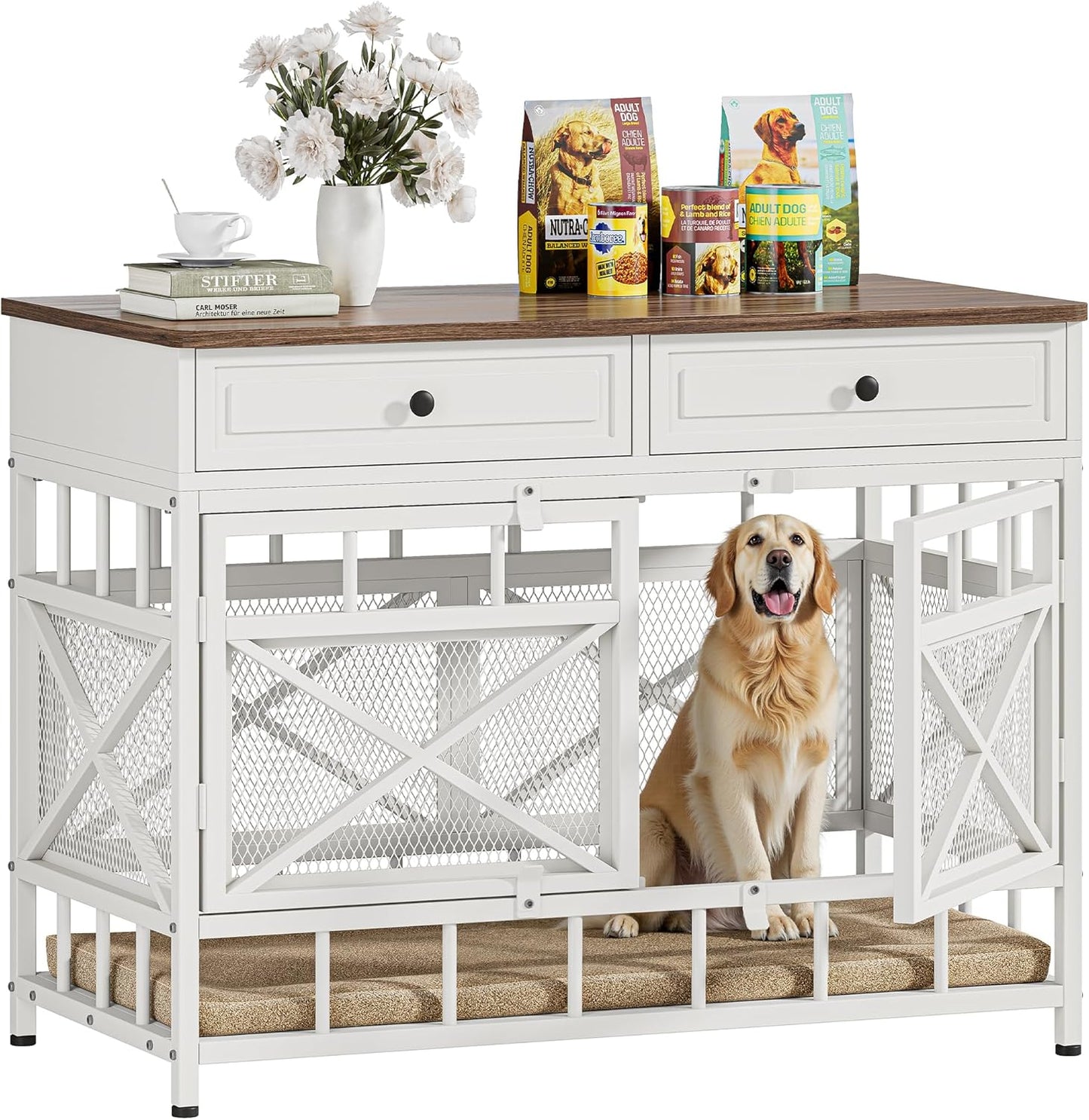 IRONCK 44 inch Large Dog Crate Furniture, Wooden Dog Kennel with Storage Drawers for Medium/Large Dogs, Decorative Dogs Kennel Indoor, White and Walnut