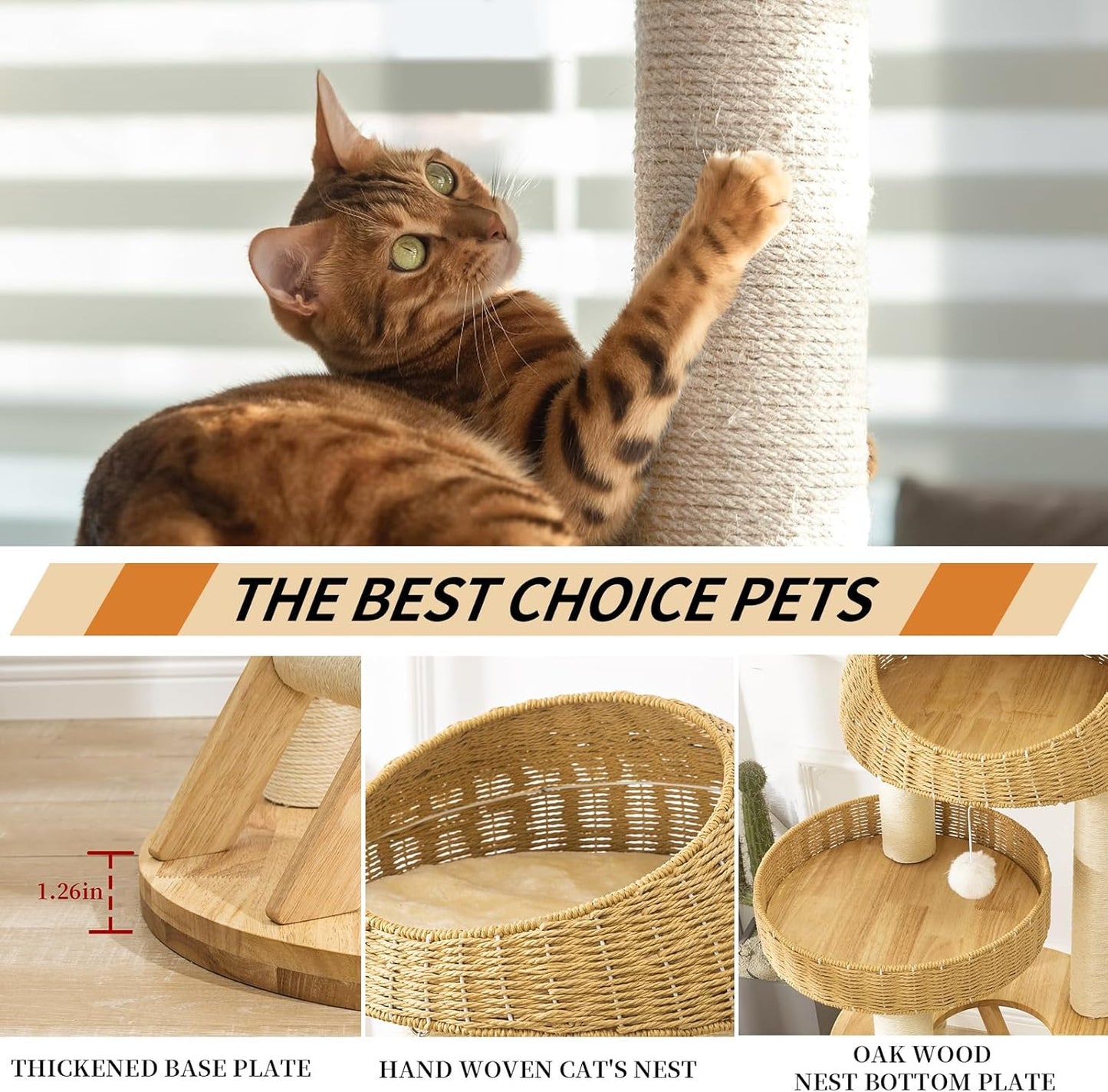 Big Modern Design Cat Tree Tower, Cat Tower Sisal-Covered Scratching Posts for Indoor Cats, Natural Oak Wood Cat Tree for Large Cats, Multi-Level Cat Condo with Sisal Staircase
