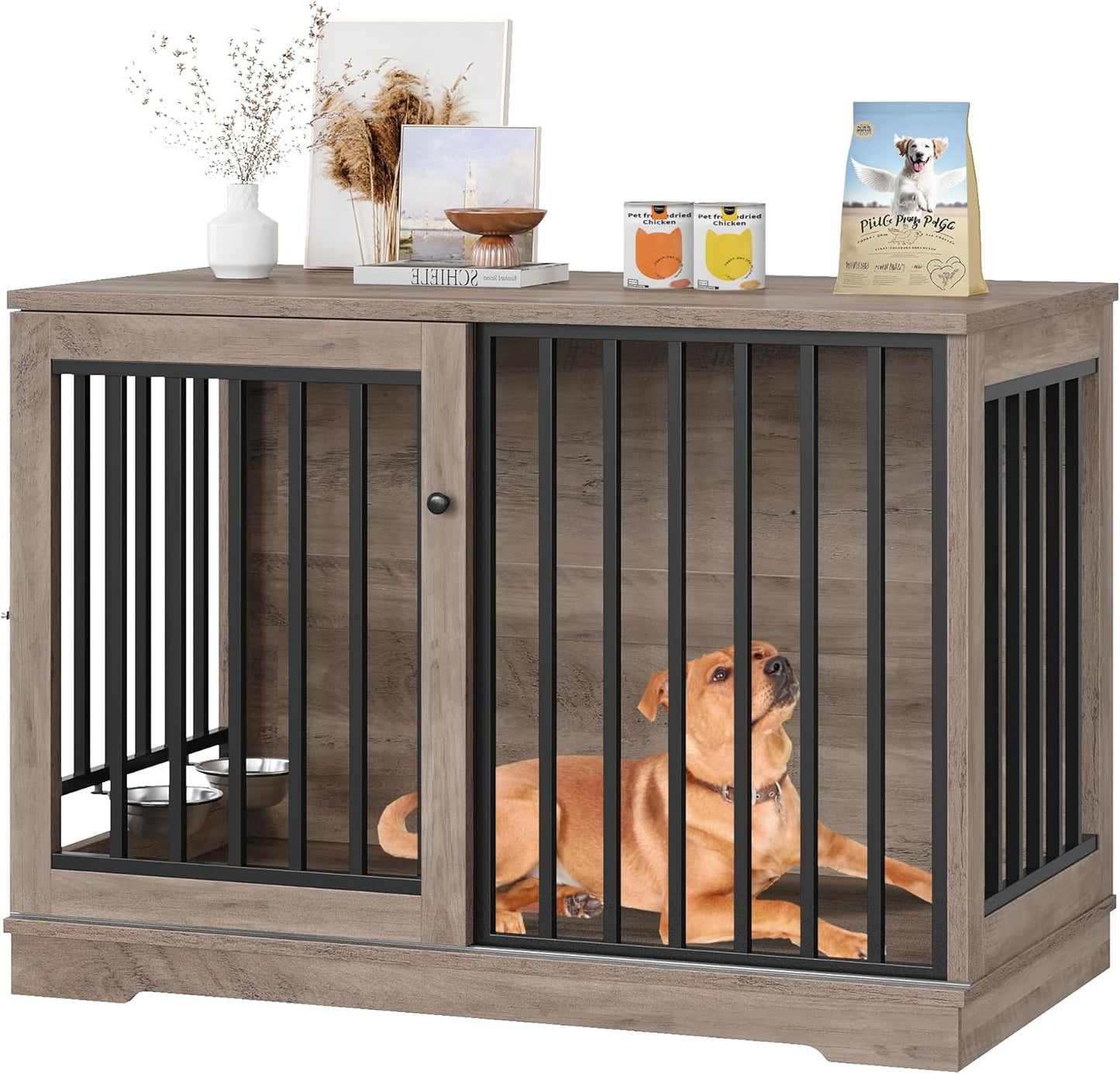 Dog Crate Furniture 47” Large Dog Kennel for Dogs Indoor, Heavy Duty Dog Cage with Sliding Door and 2 SUS Bowls Wooden End Table in Living Room for Small Medium Large Dogs, Rustic