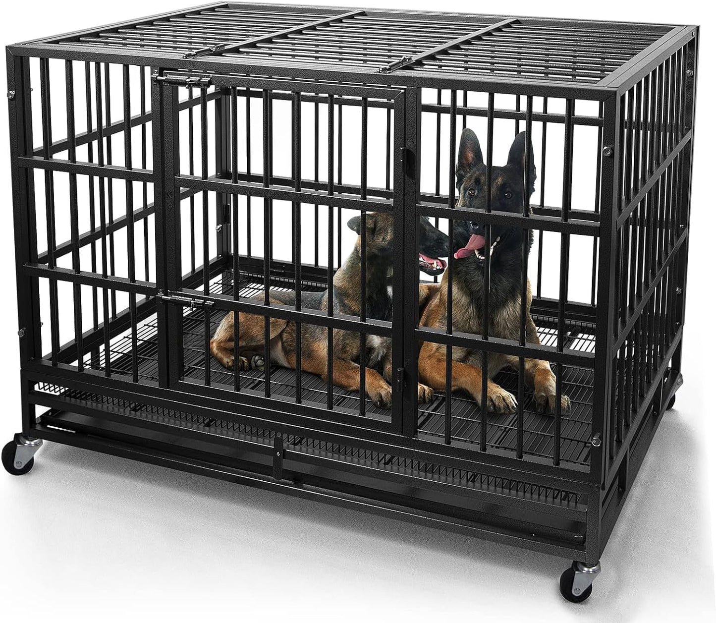 Oranland 48/38 Inch Heavy Duty Indestructible Dog Crate Cage Kennel with Wheels, High Anxiety Dog Kennel, Sturdy Locks, Double Door and Removable Tray Design, Extra Large XL Dog Crate.