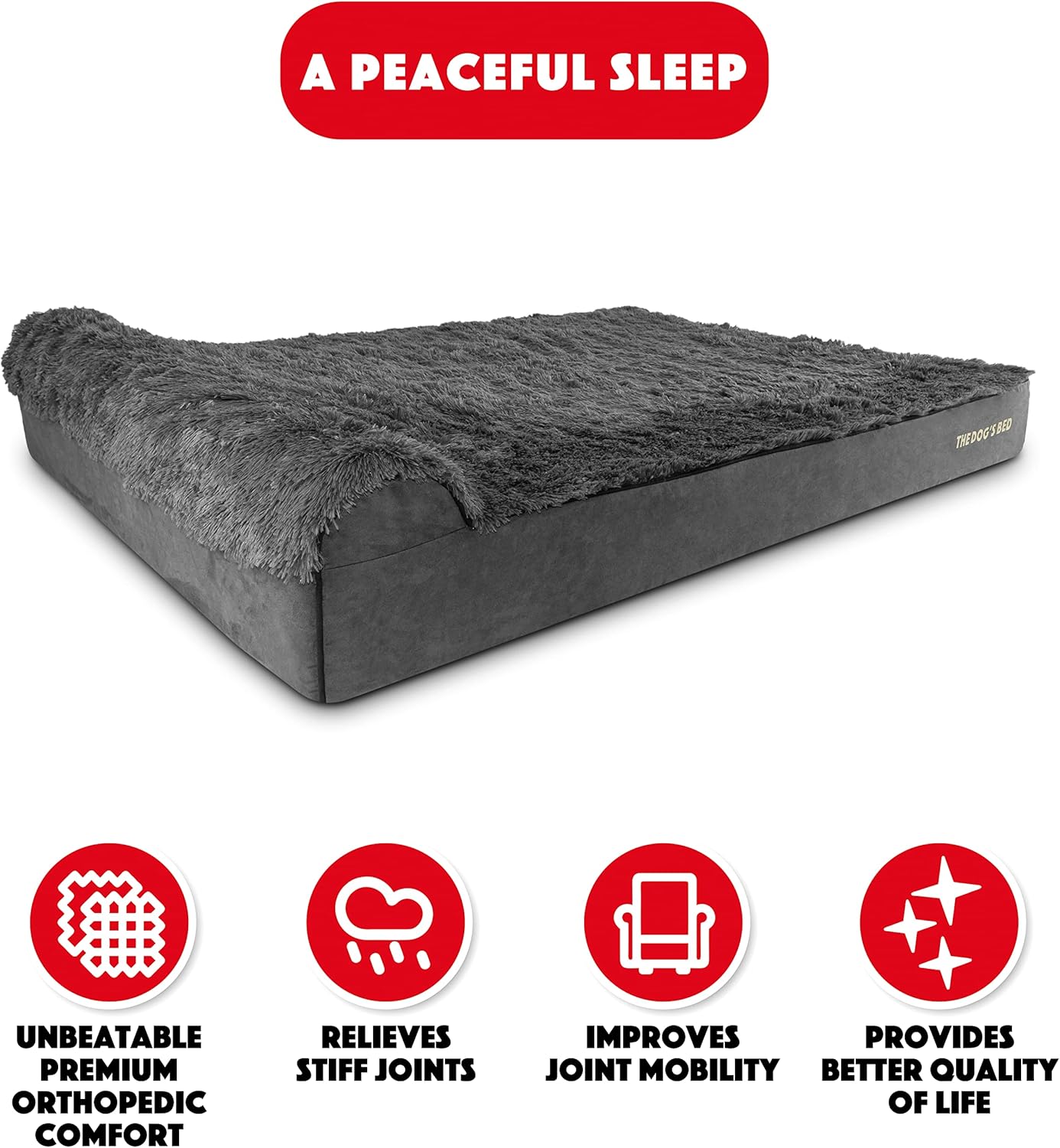 The Dog’s Bed Orthopedic Headrest Dog Bed XXXL Fur Grey 64x44, Memory Foam, Pain Relief for Arthritis, Hip & Elbow Dysplasia, Post Surgery, Lameness, Supportive, Waterproof Washable Cover