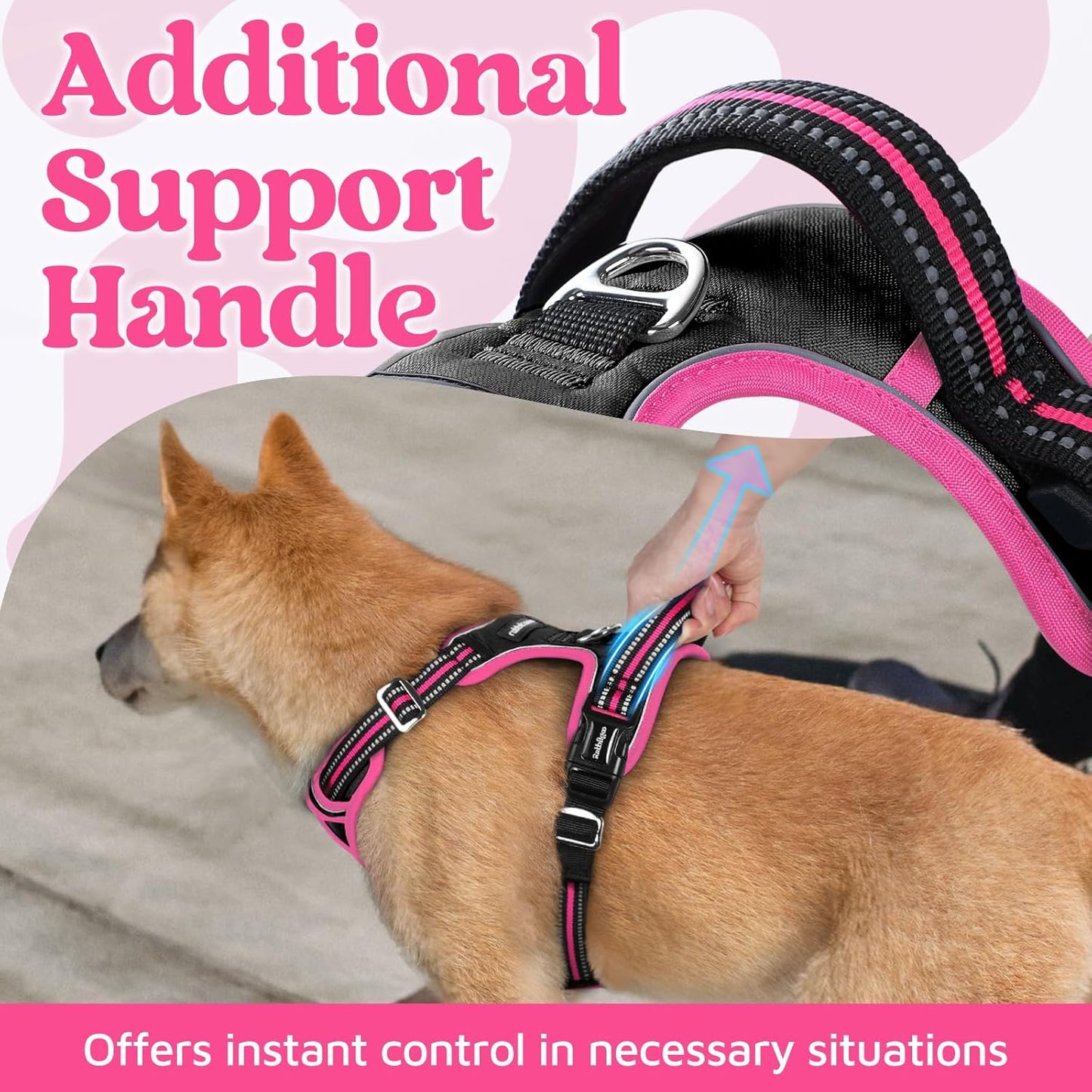 rabbitgoo Dog Harness for Large Dogs, No Pull Pet Vest with 3 Buckles, Adjustable Soft Padded Pet Harness with Easy Control Handle and Reflective Strips, Black & Rose Pink, XL
