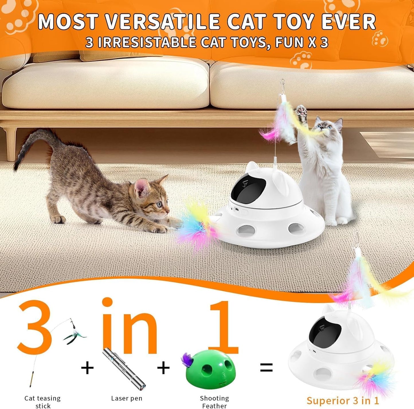 3-in-1 Cat Laser Toy & Interactive Automatic Motion-Activated Kitten Toy – 6 Holes Whack-A-Mole Feather & Moving Ambush Fun – USB Rechargeable, Apply to – Indoor Exercise for Cats of All Breeds