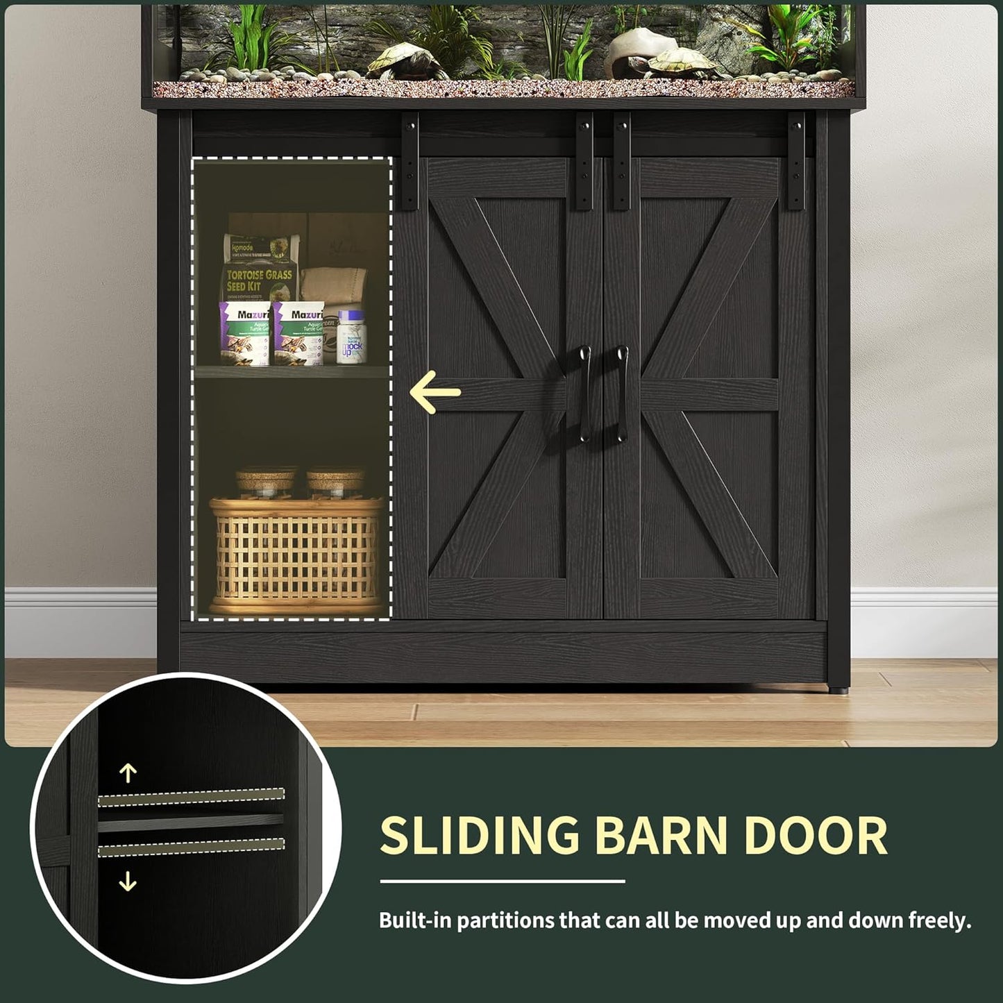 40 Gallon Reptile Terrarium with Stand, Reptile Tank with Barn Door and Storage, Vivarium with Acrylic Doors, Ventilated Mesh Top & Power Outlet, for Geckos, Lizards, Snakes Black PX06RTB