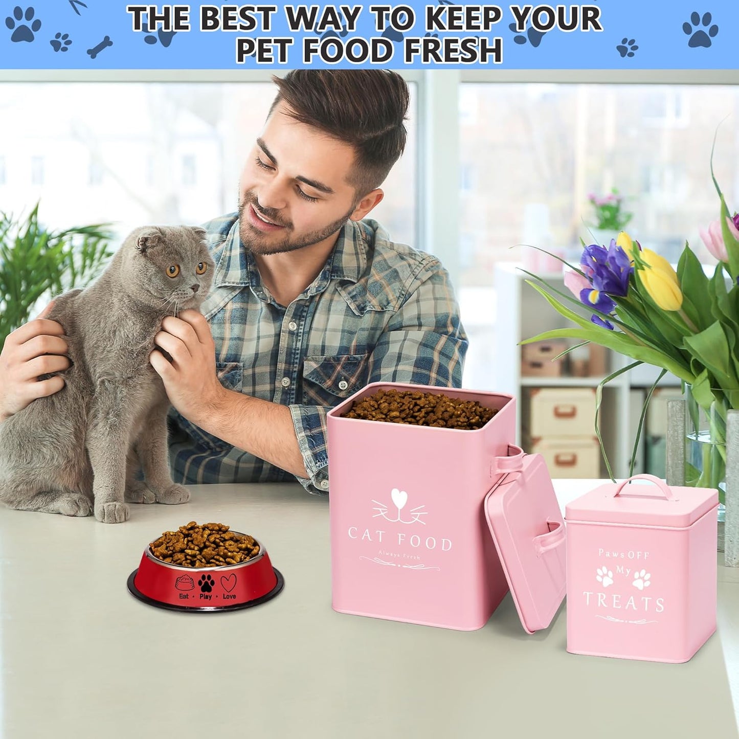 Meraki Home Cat Food Container and Treat Container - Tight Lids - Feed Scoop and Pet Food Bowl - Farmhouse Metal Storage Bin - Great Gift for Small Pets - Matte Pink