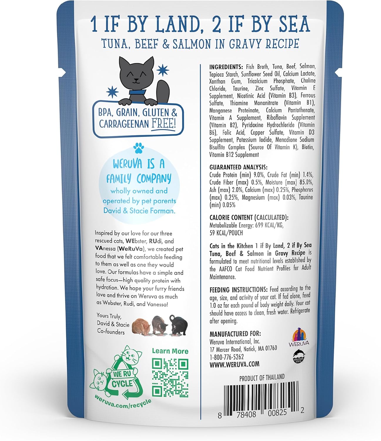 Weruva Cats in The Kitchen, 1 if by Land, 2 if by Sea with Tuna, Beef & Salmon in Gravy Cat Food, 3oz Pouch (Pack of 12)