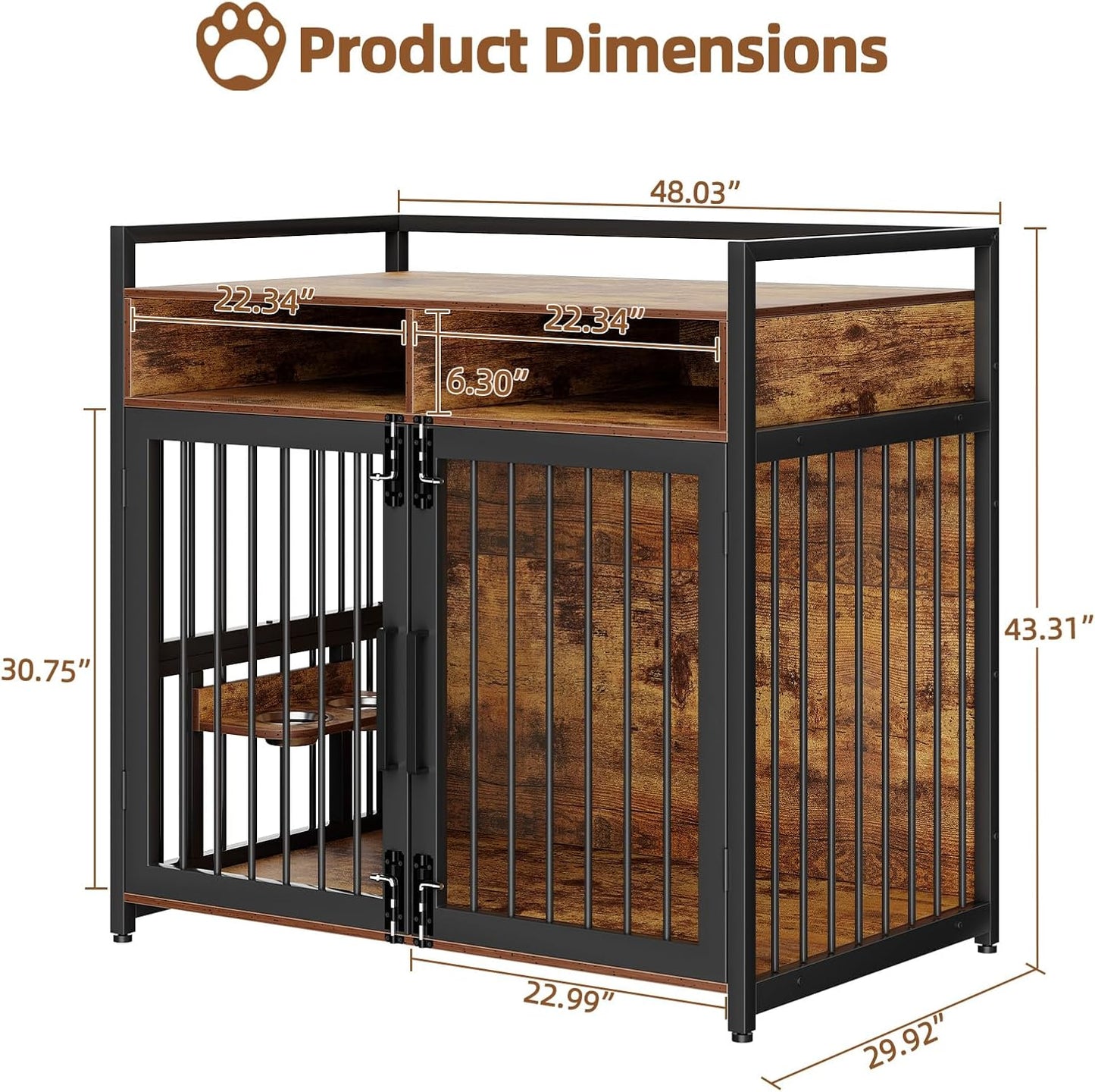 Furniture Style Dog Crate with Storage, 48 Inch Dog Crate Furniture with Double Doors, 2 Stainless Steel Bowls, Dog Crate Furniture-Style Crate for Large/Medium Dog
