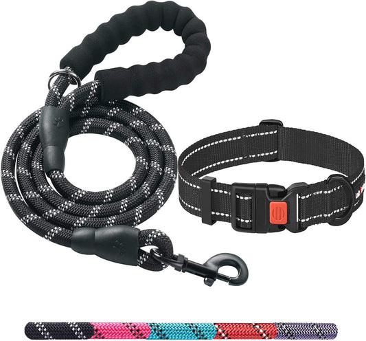 Heavy Duty Dog Leash - Comfortable Padded Handle, 5 ft Long - Dog Leashes for Small Medium Large Dogs (Leash+Collar M Neck 16"-20", Black)