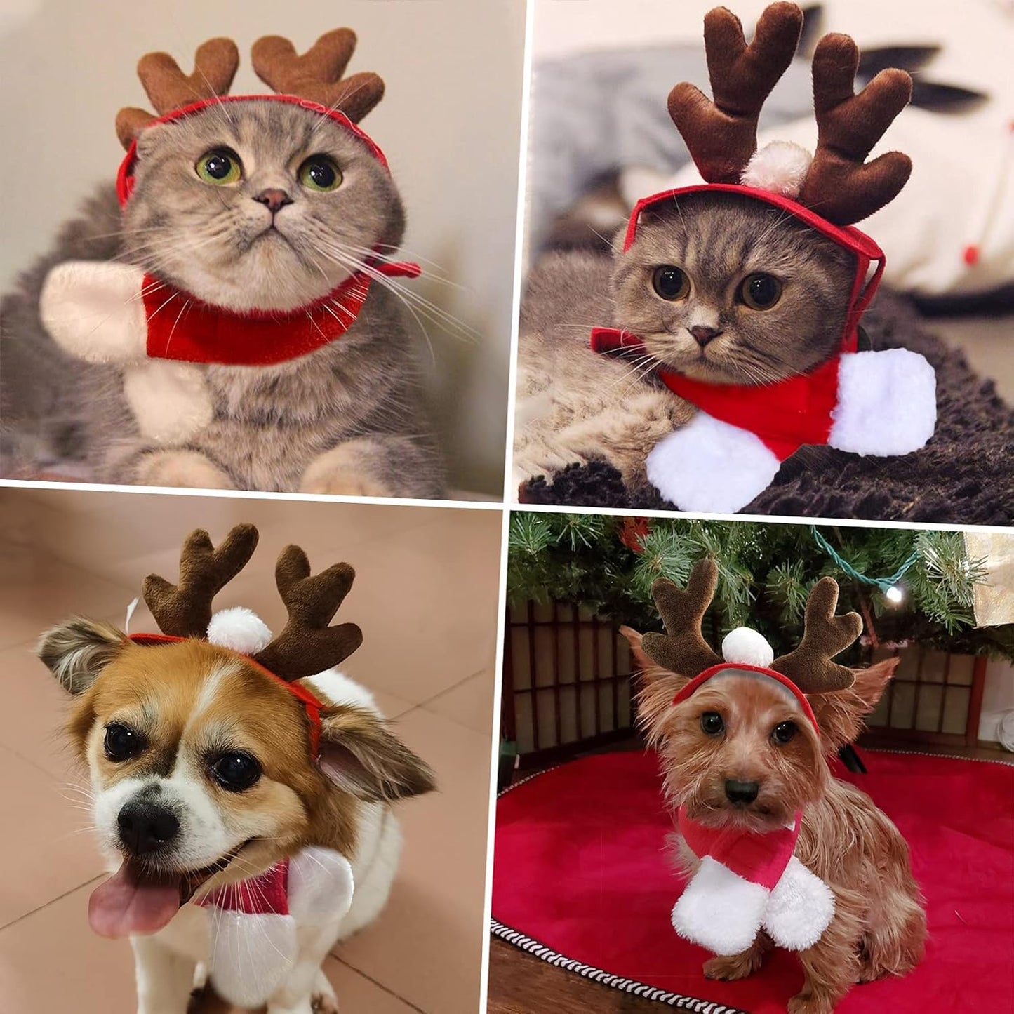 Enjoying Pet Christmas Costumes for Cats Small Dogs, Cat Reindeer Antlers Headband with Xmas Scarf, Adjustable Doggie Reindeer Hat Santa Scarf, Kitten Christmas Outfit Cosplay