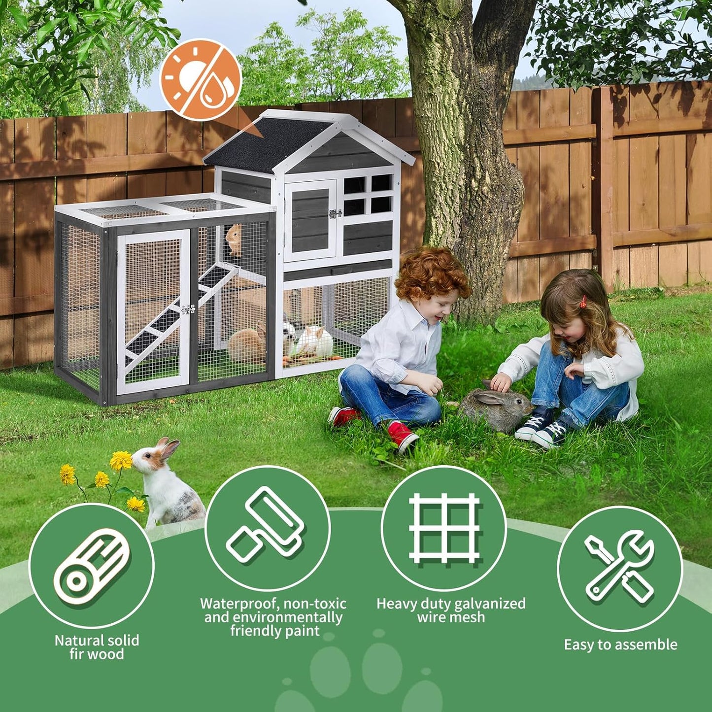 Outvita Rabbit Hutch, Small Wood Chicken Coop, 48" Guinea Pig Cage w/Pull-Out Tray, Waterproof Asphalt Roof, Chicken Run, Interactive Door for Small Animal Pen Outdoor