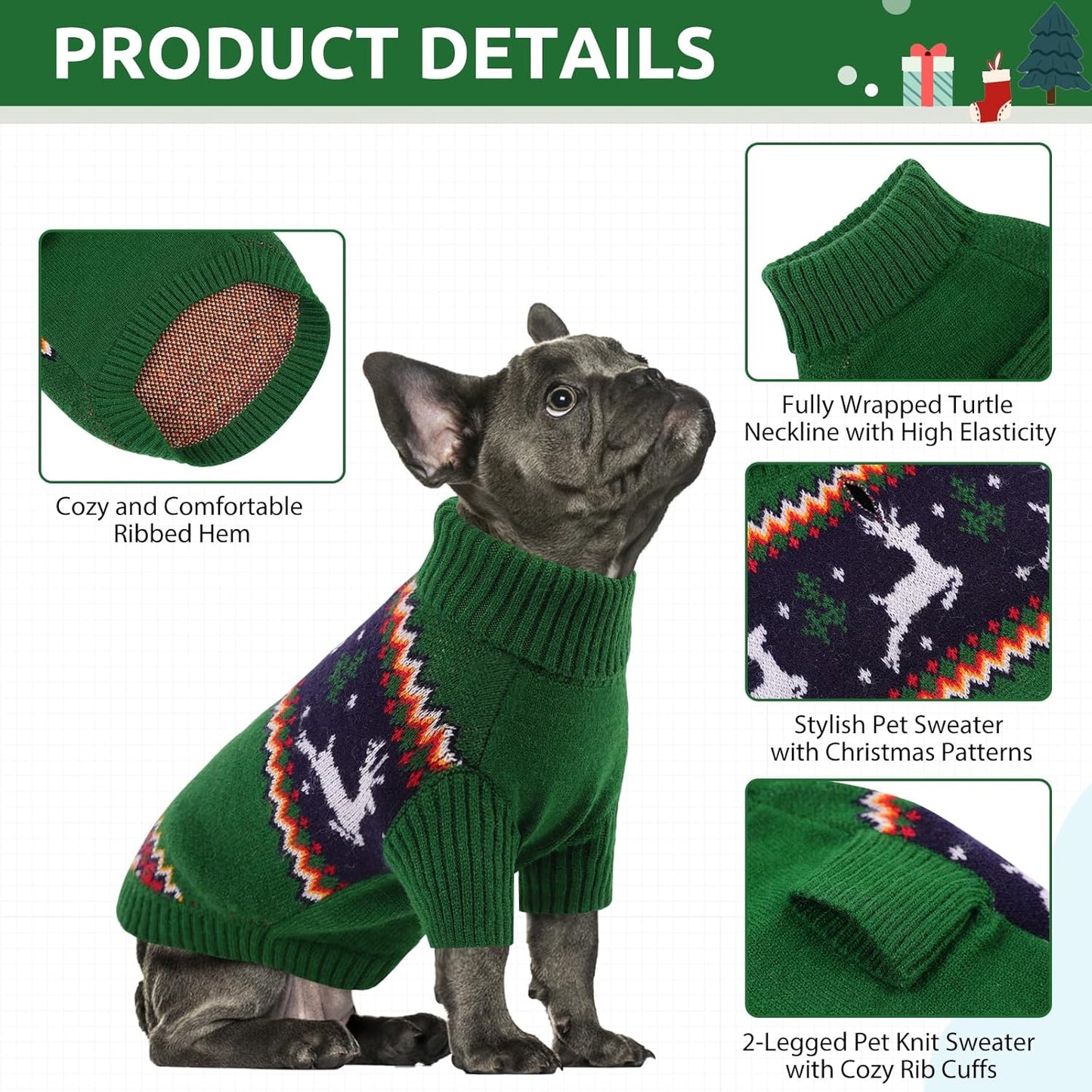 Queenmore Dog Christmas Sweater,Turtleneck Knitted Pullover Xmas Pet Clothes Sweatshirt,Christmas Outfit, Warm Dog Sweaters for Small Dogs Boy Girl,XmasDeer,M