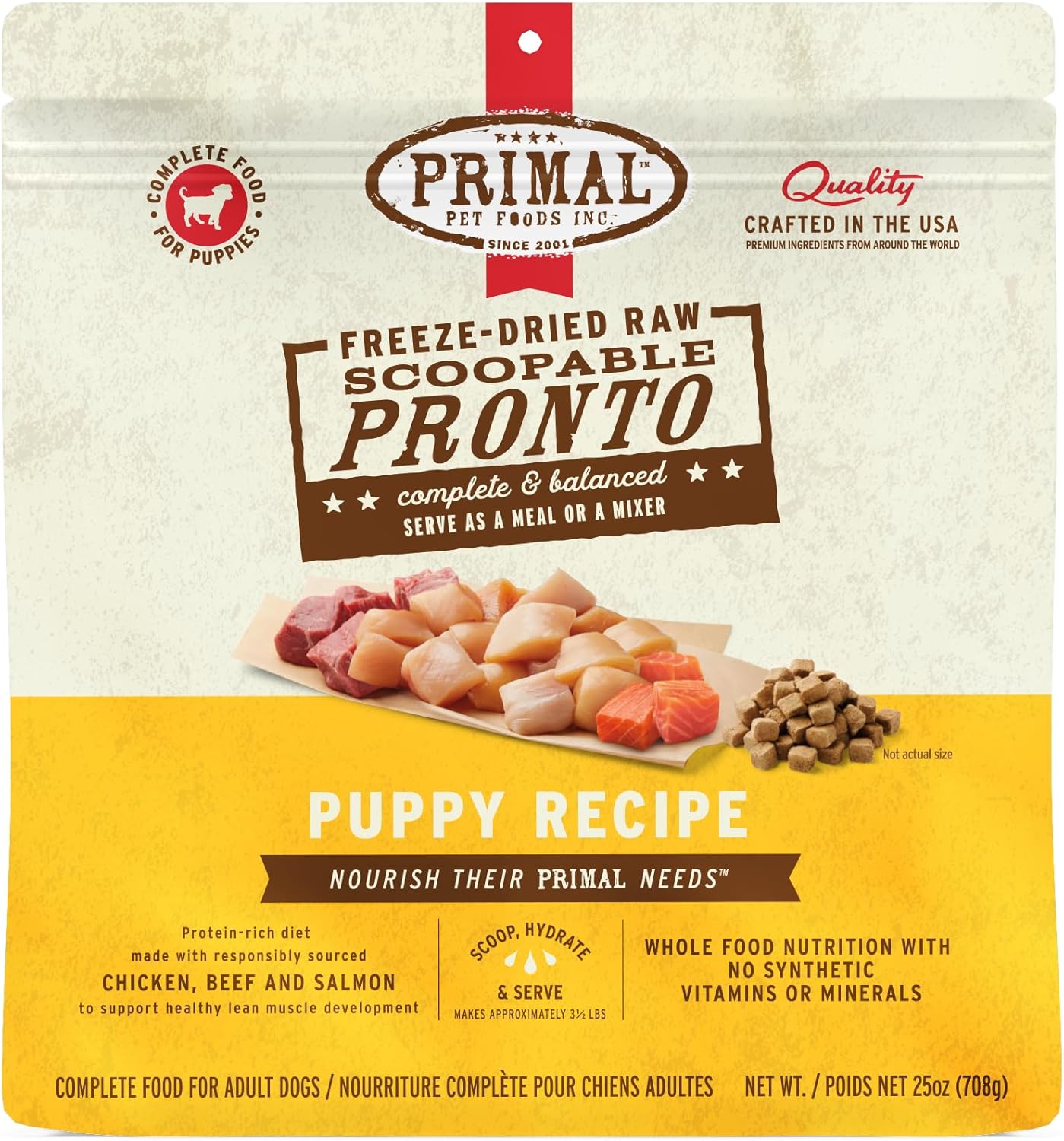 Primal Freeze Dried Puppy Dog Food, Pronto Mini Nuggets; Scoop & Serve, Complete & Balanced Meal; Also Use As Topper or Treat; Premium, Healthy, Grain Free, High Protein Raw Dog Food (25 oz)