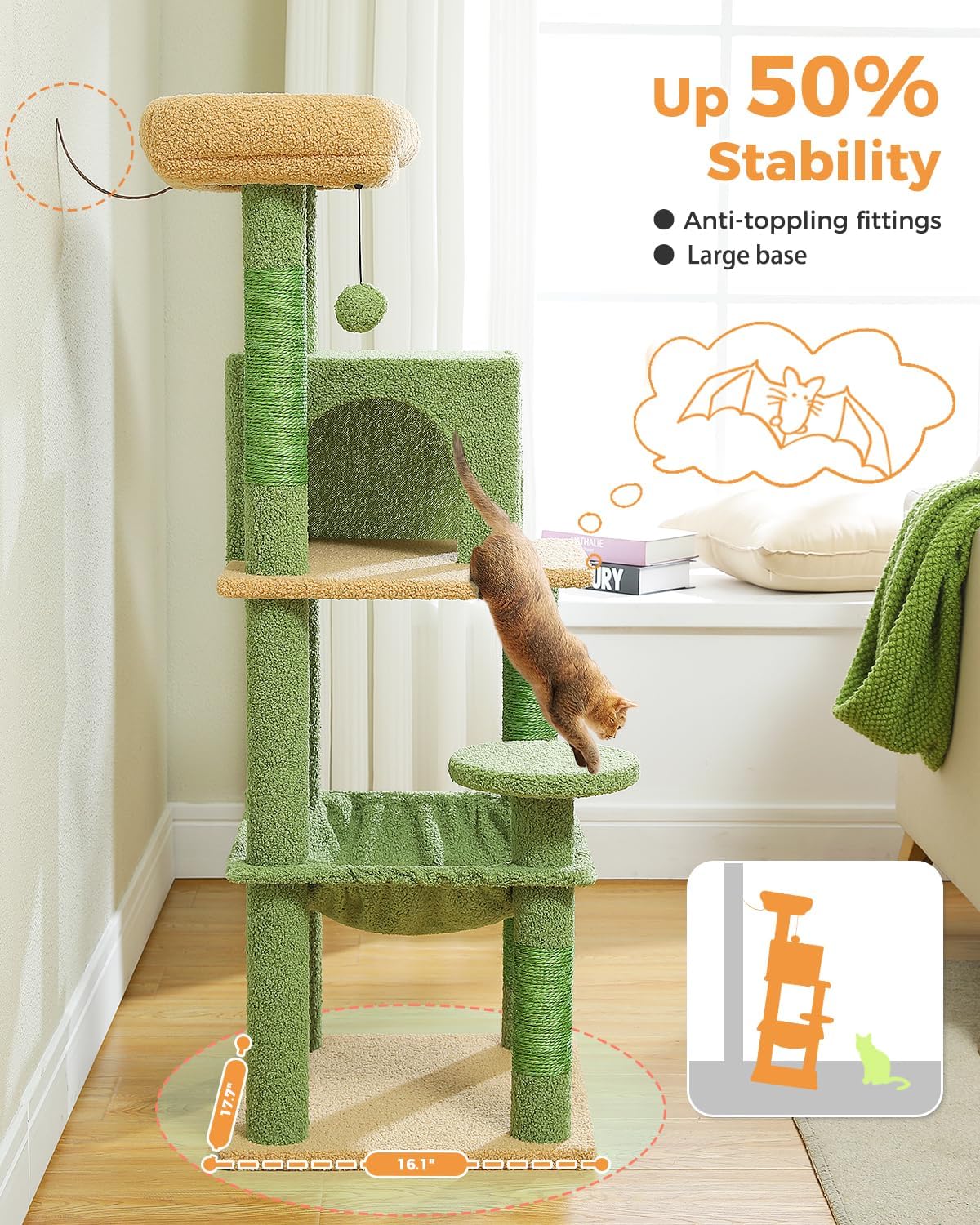 Cactus Cat Tree for Indoor Cats, 45.7" Multi-Level Cat Tower with Large Metal Frame Hammock, Cat Condo with 4 Scratching Posts and Top Perch, Green