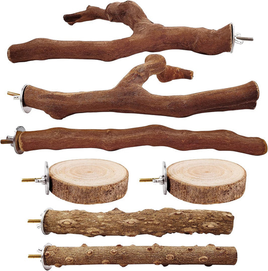 7-Piece Bird Perch Set: 3 Grapevine Paw Grinding Forks, 2 Wood Stands & 2 Hammocks - Cage Accessories for Parakeets, Cockatiels, Conures, Budgies