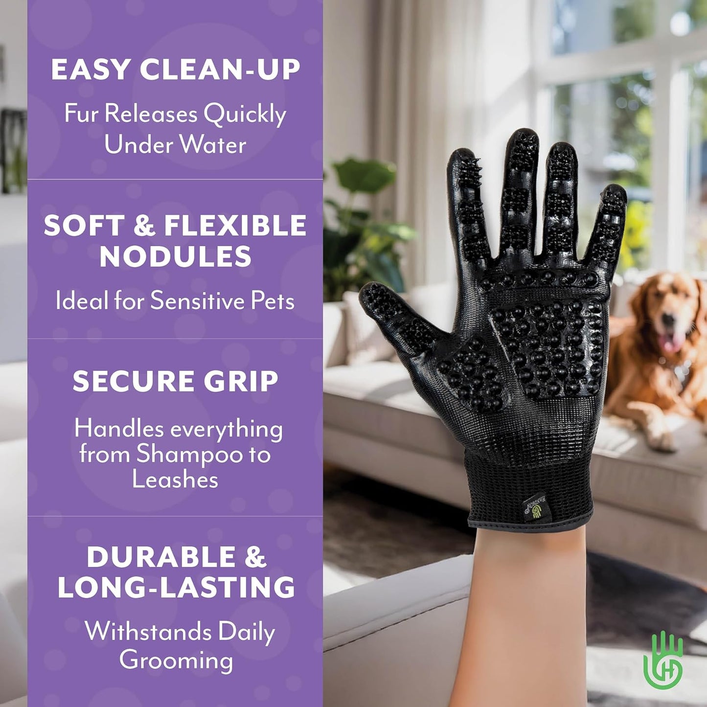 H HANDSON Pet Grooming Gloves - Patented #1 Ranked, Award Winning Shedding, Bathing, & Hair Remover Gloves - Gentle Brush for Cats, Dogs, and Horses (Purple, Small)