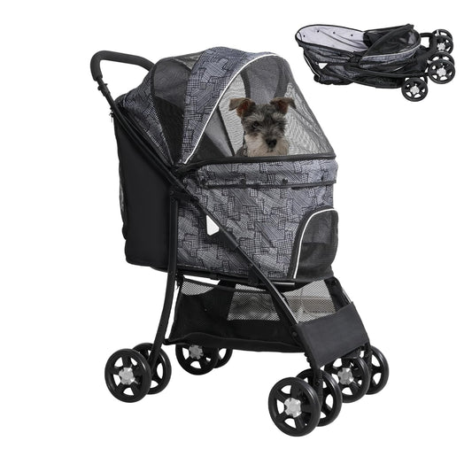 Lightweight Pet Stroller for Small/Medium Dogs and Cats - Foldable Travel Carriage with Storage Basket, Breathable Mesh & 4 Wheels - Up to 33 lbs – Black