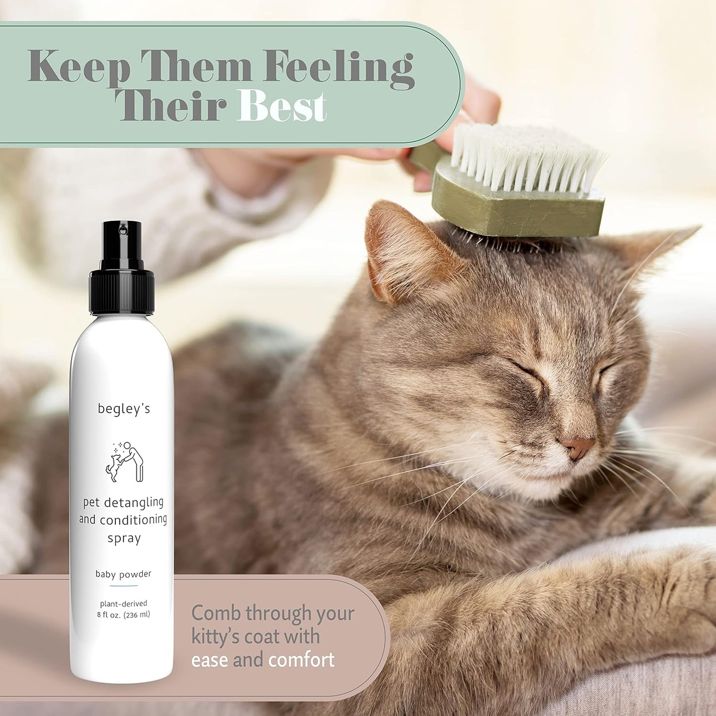 Begley's Pet Detangling Spray - Premium Essential Oil Scented Detangler Spray for Dogs, Puppies & Cats - Dog Leave in Conditioner Spray - Dematting Spray for Dogs & Pets - 8 oz, Baby Powder