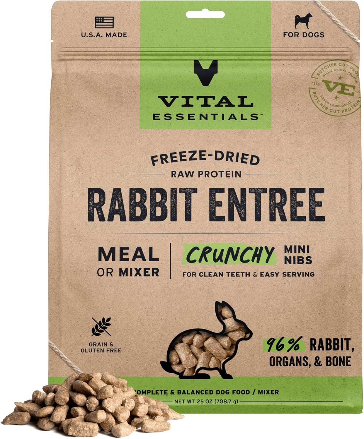 Vital Essentials Freeze-Dried Raw Rabbit Meal or Mixer Dog Food Crunchy Mini Nibs, 25 oz