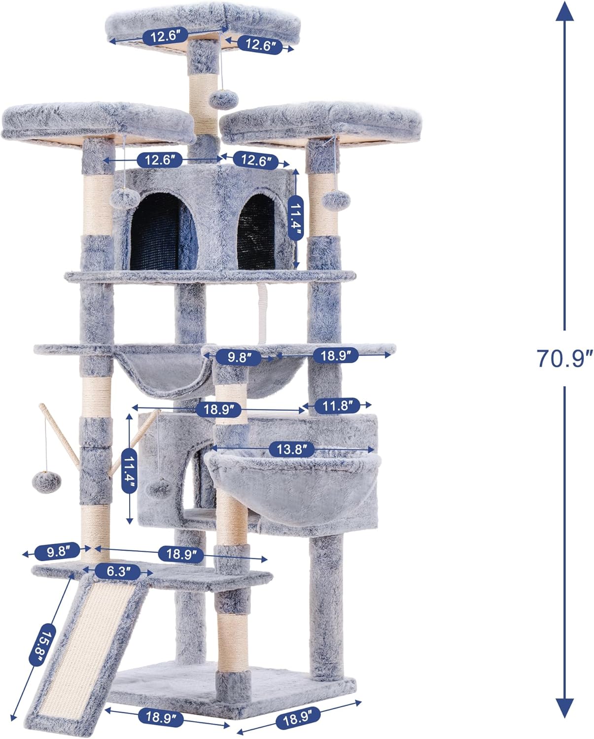 Hey-brother Cat Tree, 71 inches XL Large Cat Tower for Indoor Cats, Multi-Level Cat House with 3 Padded Perches, Big Scratcher, Cozy Basket, 2 Cat Condos and Scratching Posts,Pewter MPJ034PE