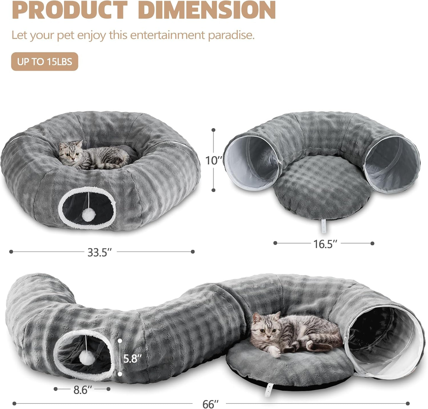 Bubble Cat Tunnel for Indoor Cats, Round Peekaboo Cave Toy with Dangling Balls, Donut Tunnel Bed with Circle Mat for Puppy Kitten Rabbit, Grey