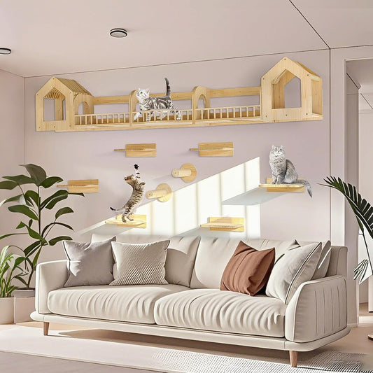 Cat Wall Shelves and Furniture Set with Condos, Perches, Bridge Ladders, Sisal Scratching Posts - Steps and Houses for Cats (D)
