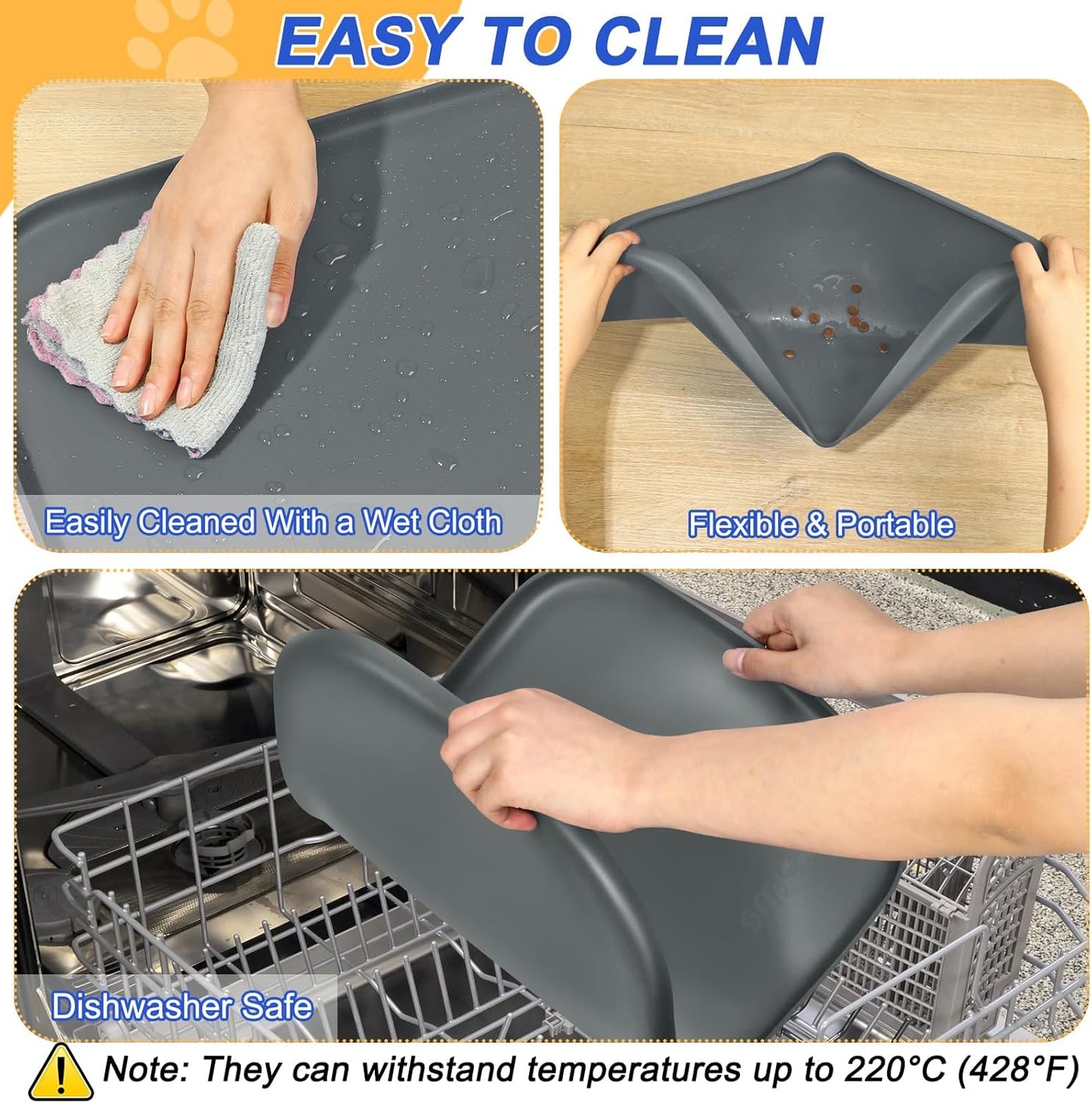 Silicone Pet Feeding Mat with Raised Edge for Food and Water, Dog Bowl Mats, Cat Bowls Placemat with High Lip for Floor Waterproof, Rubber Tray for Cats and Dogs 22 x 14 x 0.8 Dark Grey