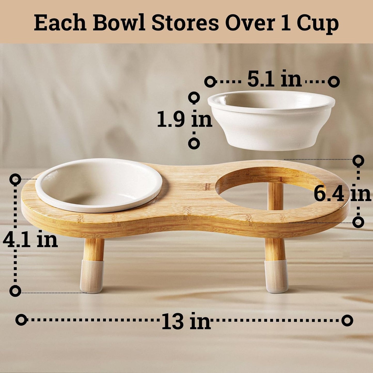 Elevated Cat Bowls - Set of 2 Ceramic Pet Food Bowls with Anti-Slip Bamboo Stand - 15 Degree Titled - Raised Dog Bowl for Small Dogs - Raised Cat Bowl Stand - Pet Feeding Station for Cats & Small Dogs