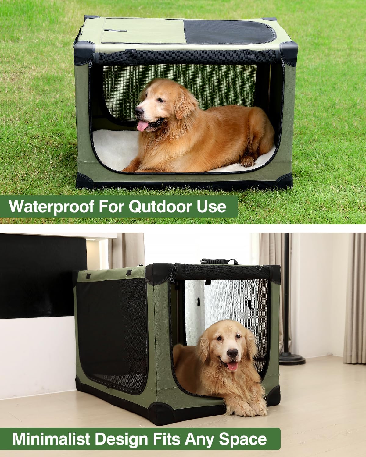 36 Inch Collapsible Travel Dog Crate for Medium Large Dogs, Portable Dog Crate 4-Door Foldable Soft Kennel with Durable Mesh Windows for Indoor & Outdoor Travel, with Storage Bag,Green