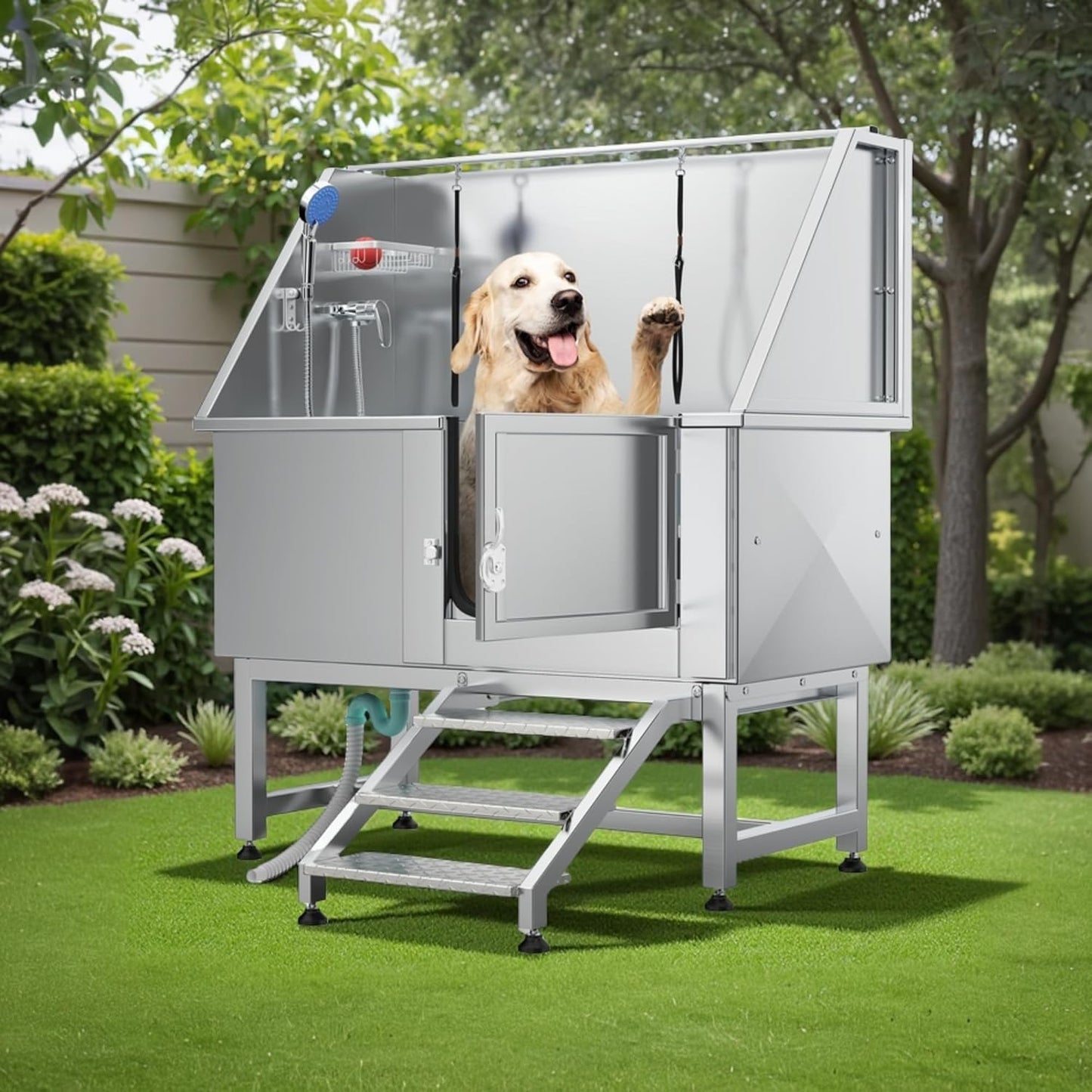 YITAHOME Professional Dog Bathtub 50in, Stainless Steel 304 Pet Grooming Station with Right Door & Floor Grate, Ideal for Large to Small Pets, Indoor & Outdoor Use