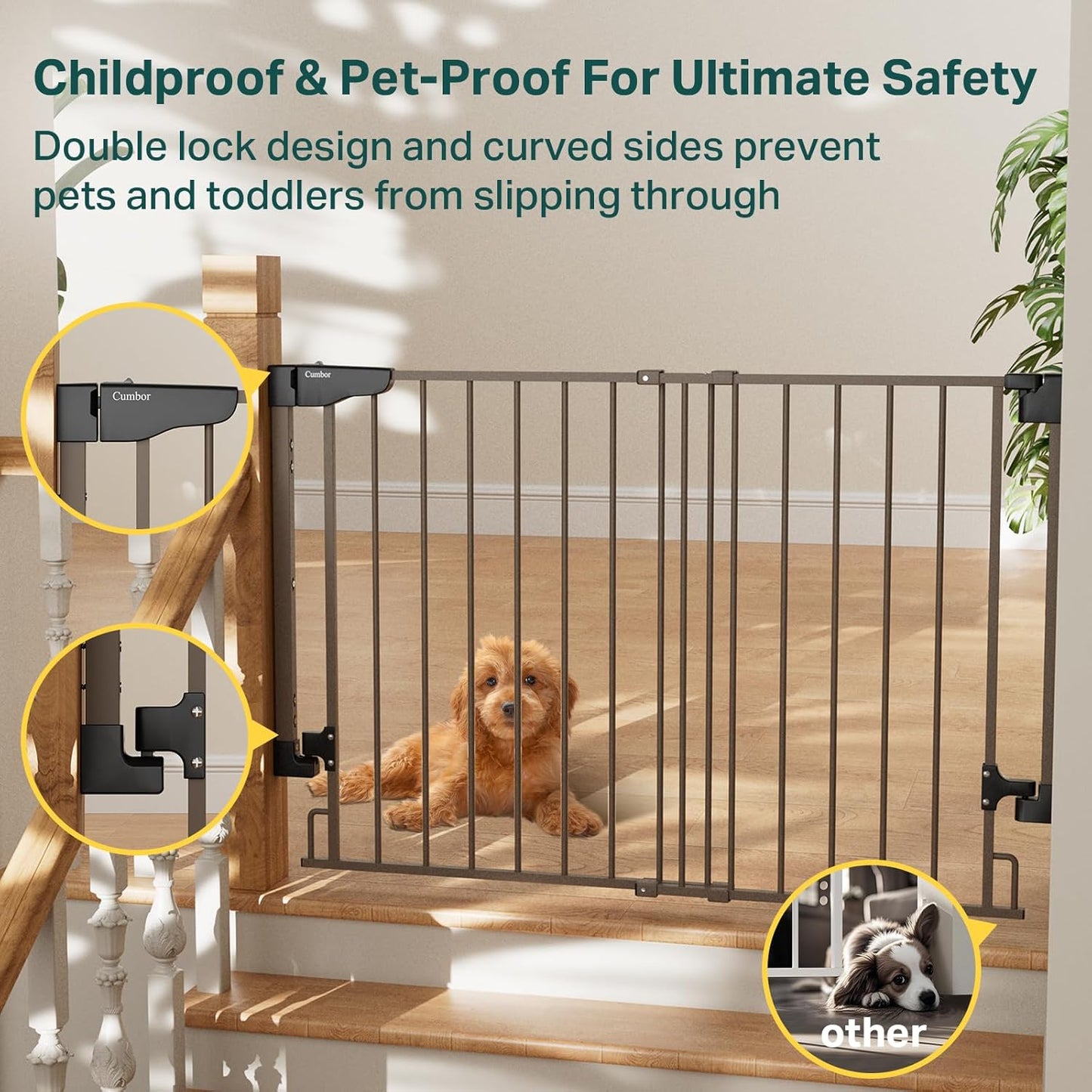 Cumbor 29.2-43" No Bottom Bar Baby Gate for Stairs, 2-in-1 Hardware Mounted Dog Gate Indoor, Pet Gate for Doorways with Large Walk Thru Door, Child-Proof Safety Gate for Top & Bottom of Stairs (Brown)