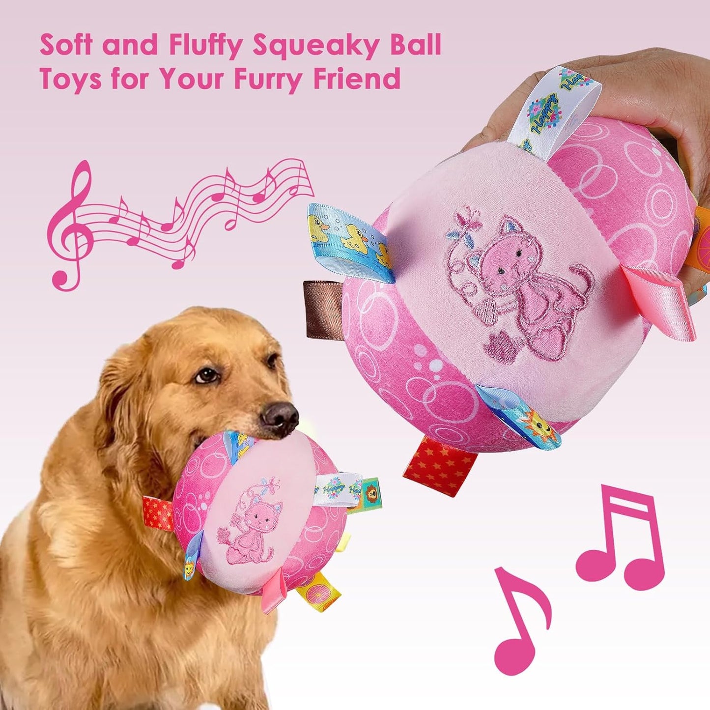 Dog Squeaky Plush Toy with Straps, 6-Inch Soft Stuffed Ball with Cotton Material and Bell Built-in, Pet Interactive Fetch Toy for Small to Large Dog