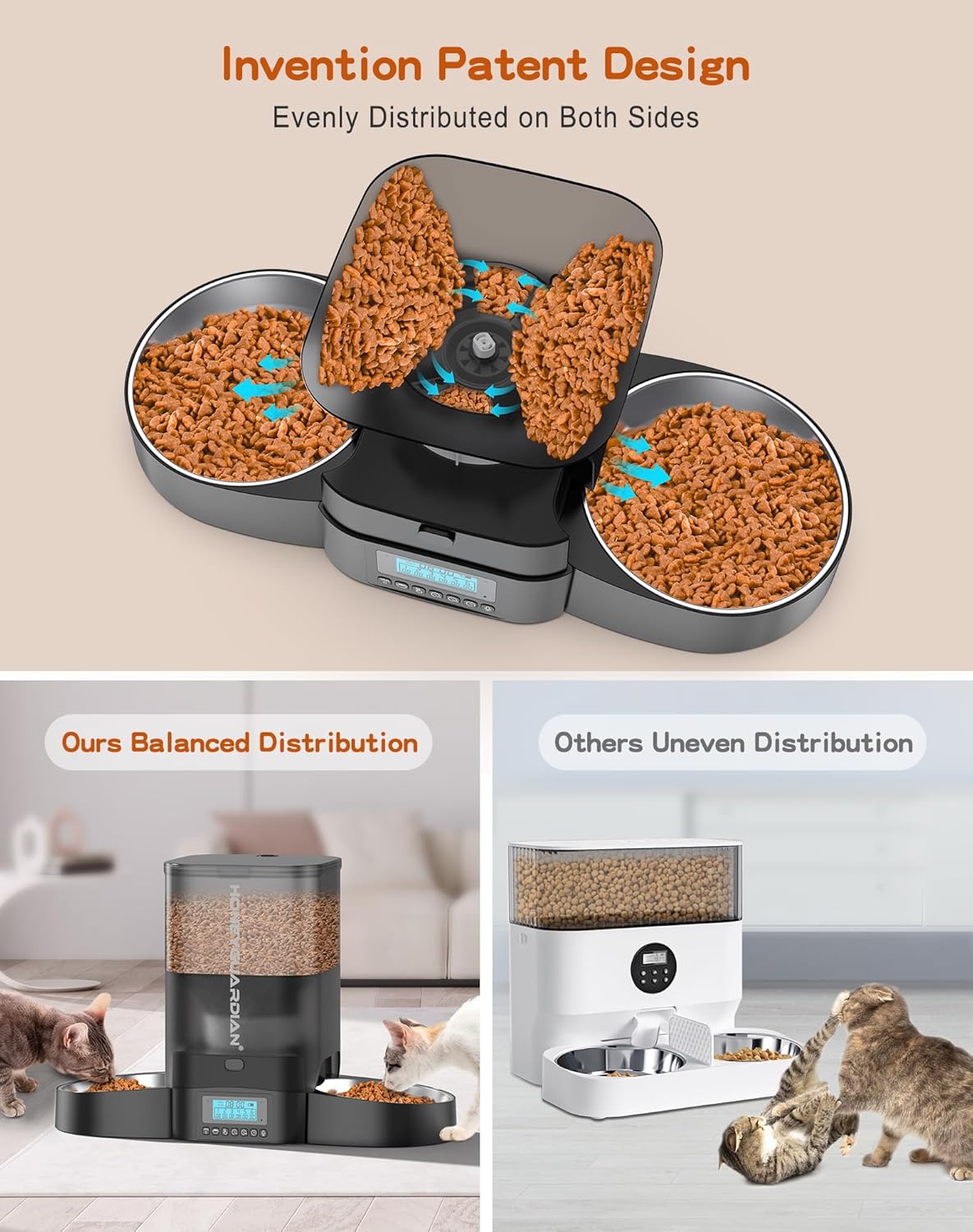 HoneyGuaridan 3.5L Automatic Cat Feeder for Two Cats, Food Dispenser with Stainless Steel Bowl,Timed Cat Feeder Programmable 1-6 Meals Control, Dual Power Supply,10s Meal Call Black