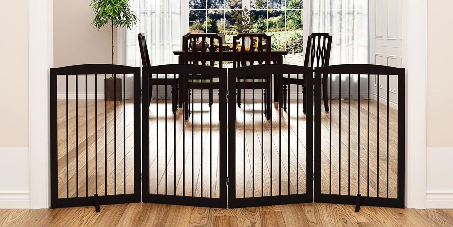 Freestanding Pet Gate for Dogs, Indoor Wooden Foldable Dog Gate for House, Doorway, Stair, 80 Inch Wide, 4 Panels 32",Brown