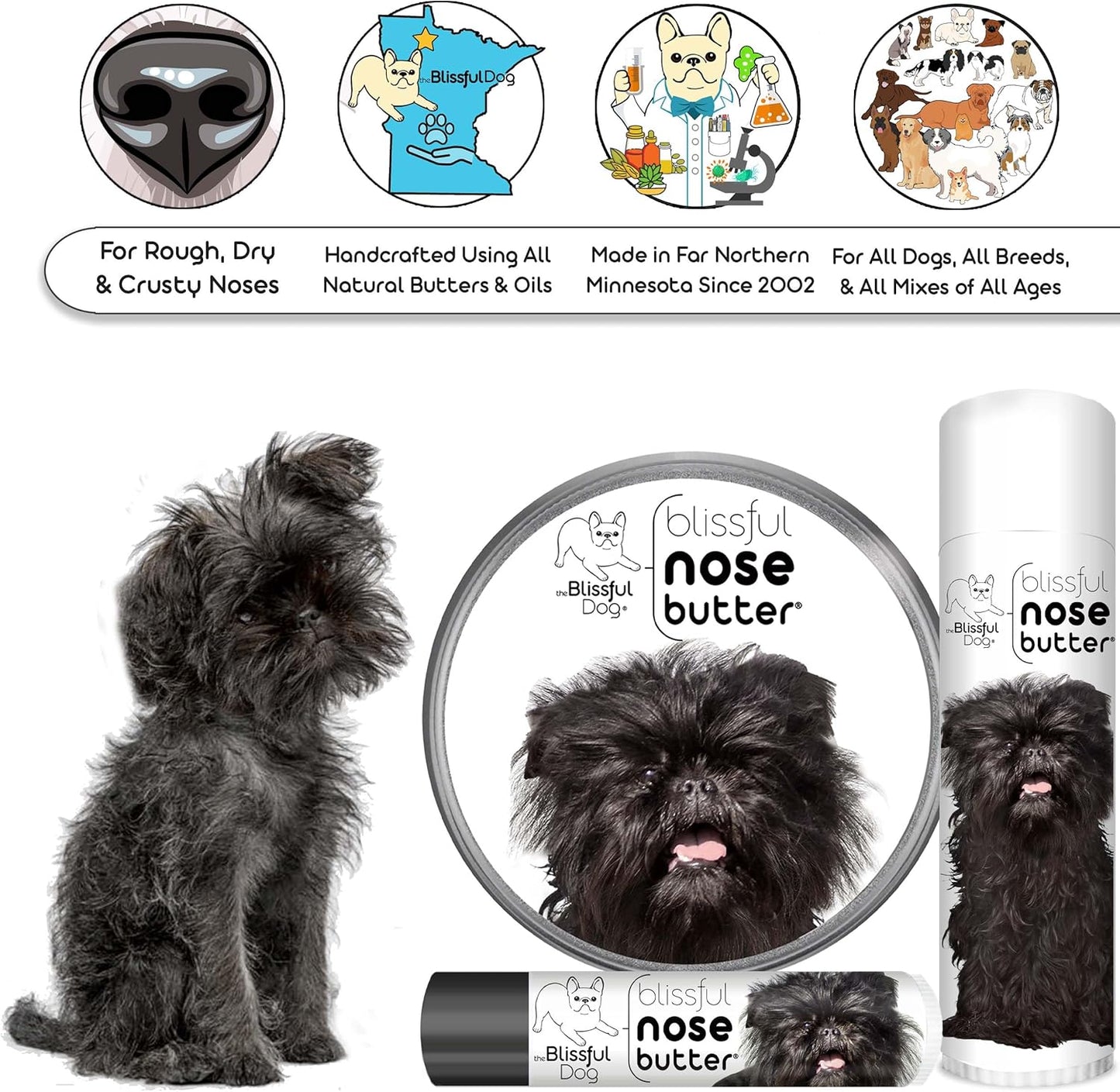 The Blissful Dog Affenpinscher Nose Butter for Dry, Cracked Skin, Lick-Safe Dog Nose Balm with Moisturizing Shea Butter, Almond, Olive, and Essential Oils, Pet Supplies, Uncented, 2 oz.