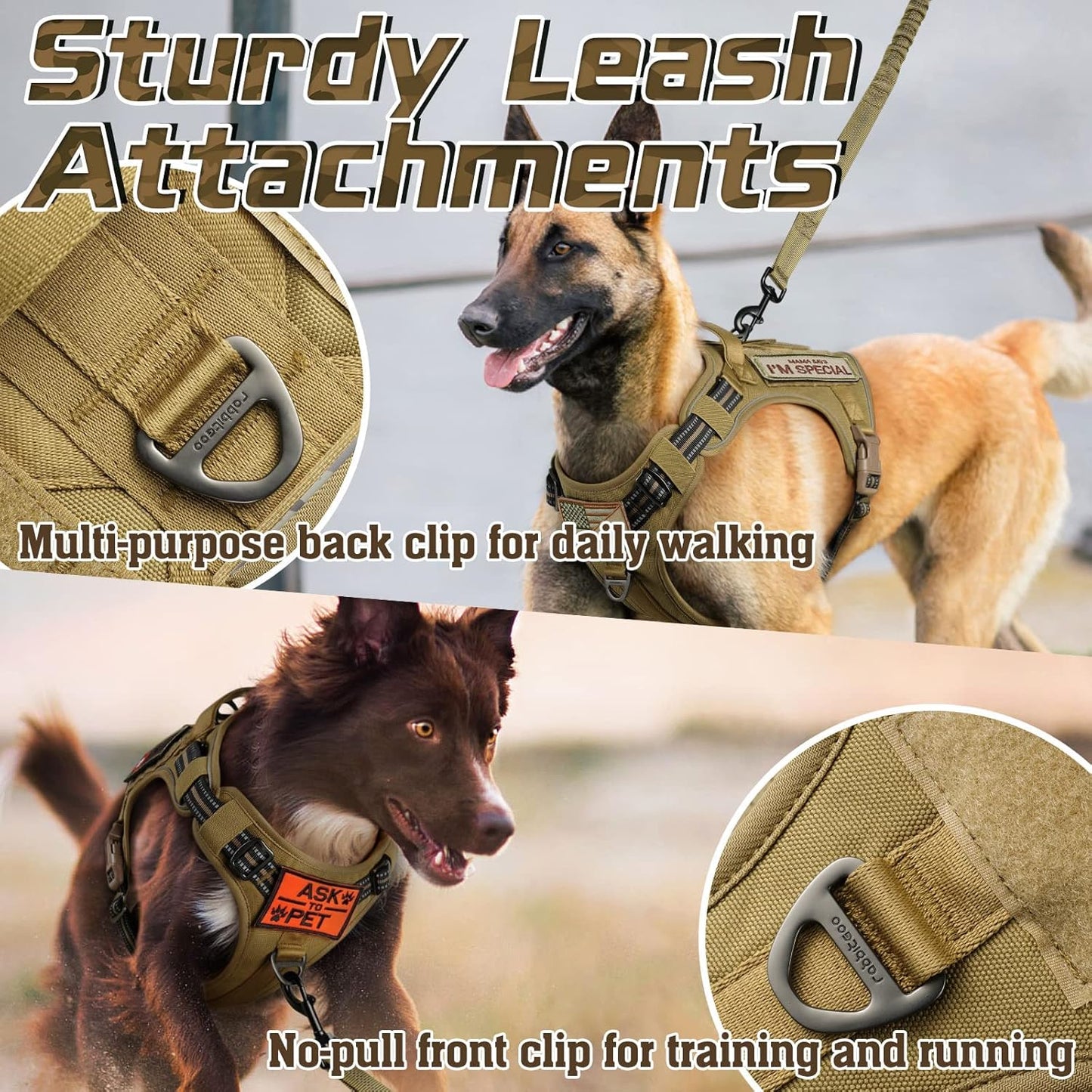 rabbitgoo Tactical Dog Harness for Small Dogs, No Pull Military Service Vest with Handle & Molle, Easy Control for Training Walking, Adjustable Reflective Straps, Brown, S