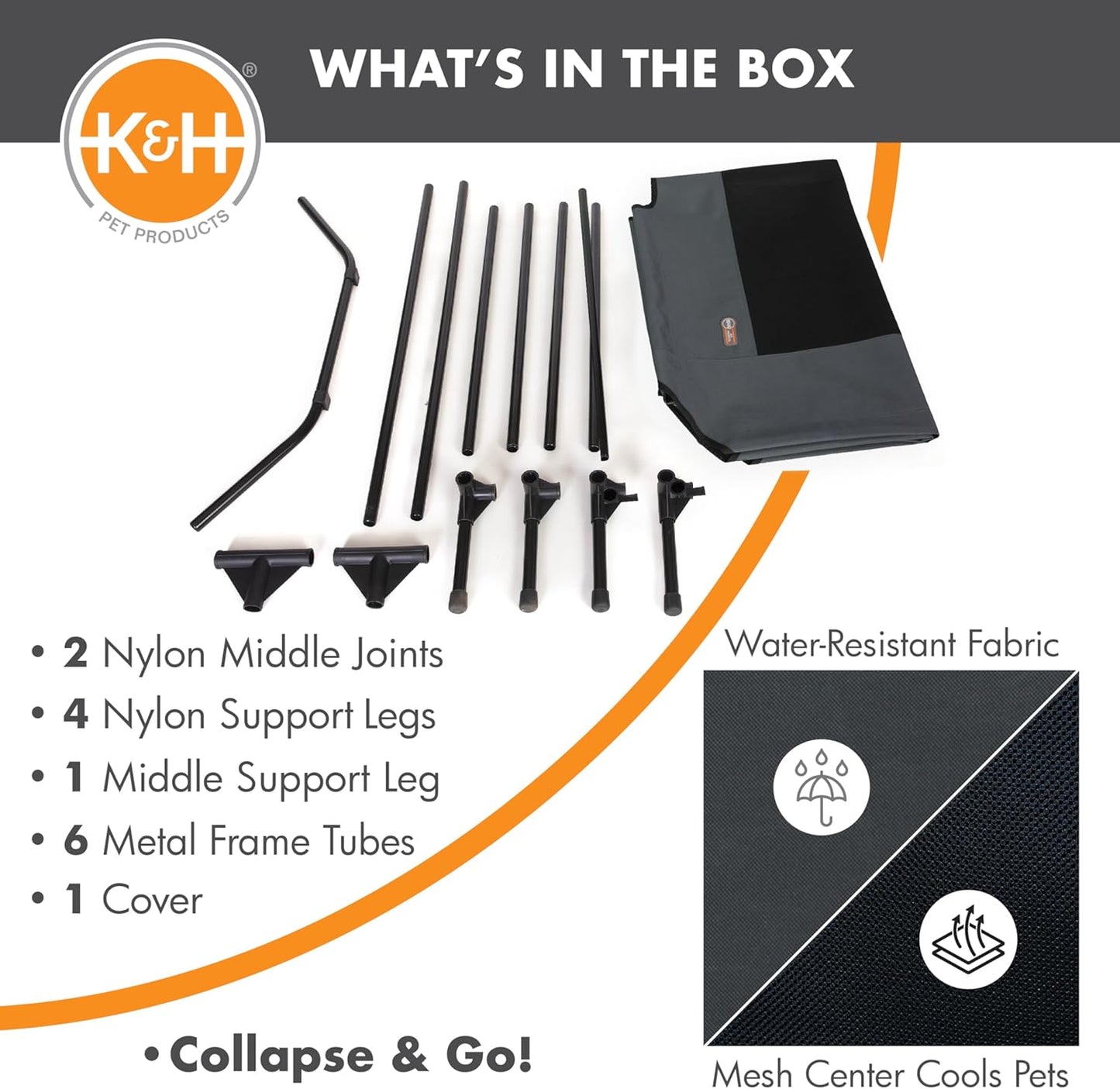 K&H Pet Products Outdoor Elevated Dog Cot, Breathable Cooling Elevated Cot Hammock Pet Bed for XL Dogs, Washable Mesh Cover, Raised Metal Frame, Collapsible, Portable - Jumbo 56 X 38in Charcoal