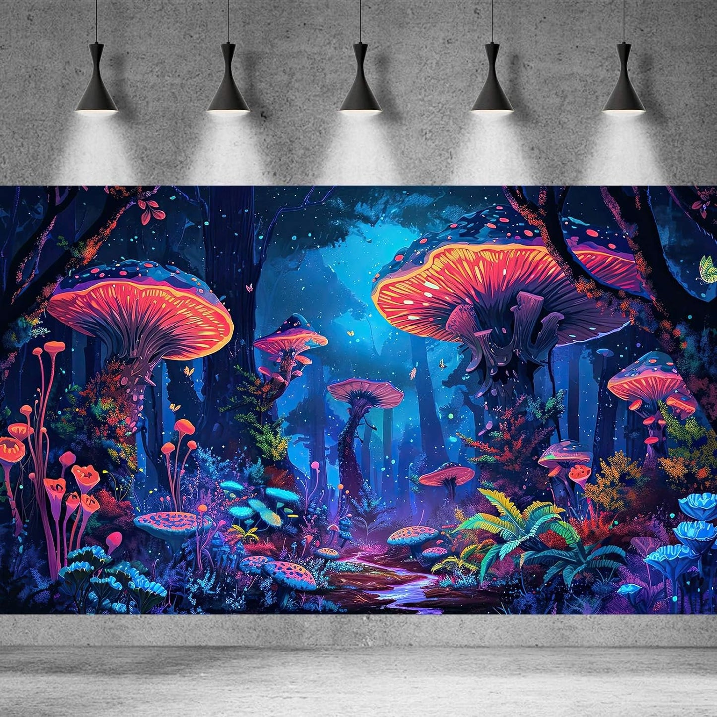 Mushrooms Aquarium Background Fantasy Bright Flowers Butterflies Fish Tank Backdrop Decoration Poster Trippy Wonderland Landscape with Giant Mystical Mushrooms Terrarium Background Decor 72x18in
