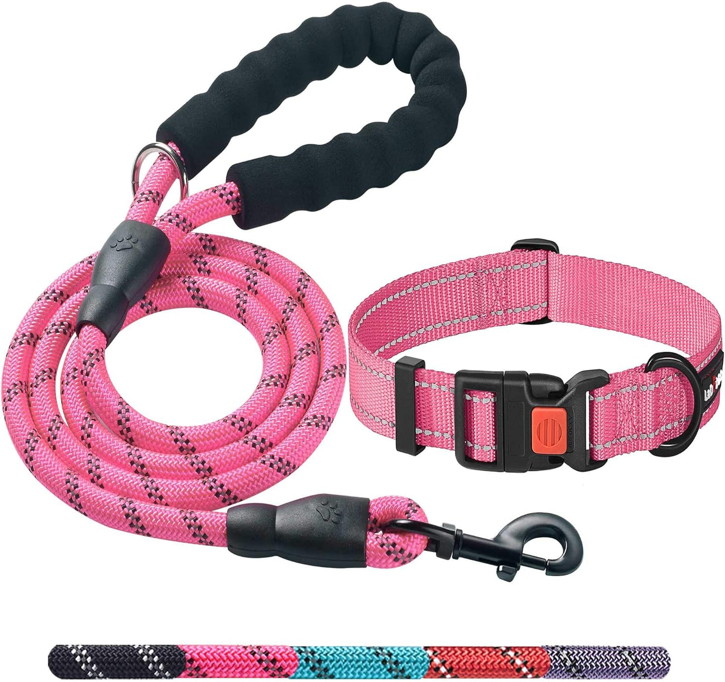 Heavy Duty Dog Leash - Comfortable Padded Handle, 5 ft Long - Dog Leashes for Small Medium Large Dogs (Leash+Collar L Neck 20"-25", Pink)