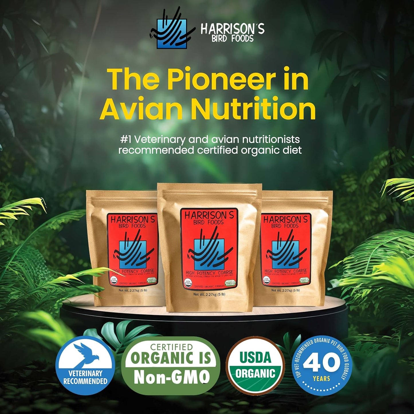 Harrison's Bird Foods High Potency Coarse—Maximum Nutritional Formula for Medium to Large Birds, Certified Organic Non-GMO Pet Bird Food, Vet-Developed, Suitable for All Life Stages, 2.27 kg/ 5 lb