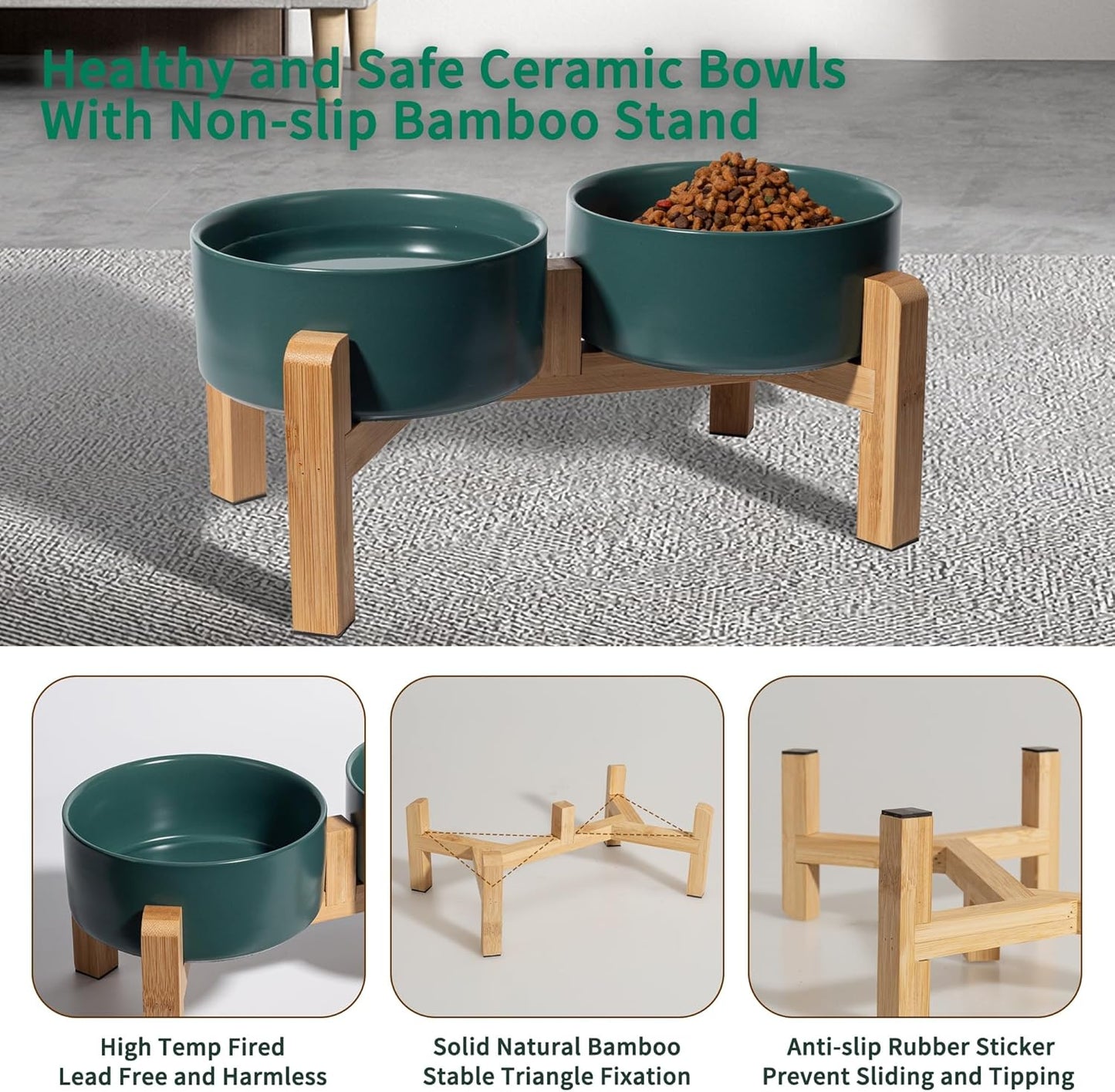 Elevated Ceramic Dog Bowl Set - Raised Dog Bowls with Non-Slip Bamboo Stand - Dog Food and Water Bowl Set - Double Dog Feeding Bowls - Suitable for Small and Medium Dogs - 28.74 OZ - 3.6 CUPS - 850 ML