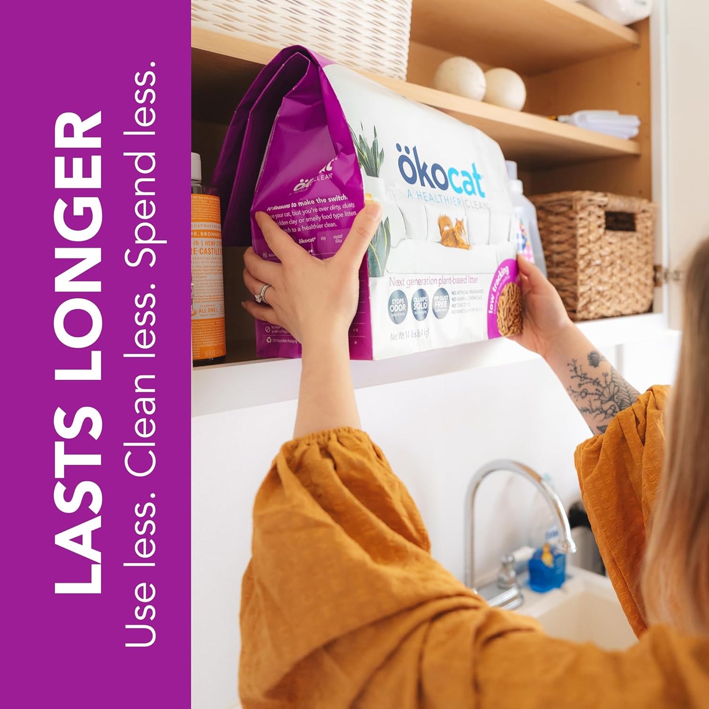 ökocat Less Mess Low Tracking Wood Clumping Cat Litter Mini- Pellets, Unscented, 18.6 pounds - Natural Ingredients, Stops Odor, Clumps Solid, 99% Dust Free, Great for Long-Hair Breeds