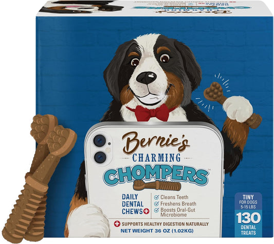 Bernie's Charming Chompers - Daily Dental Chews for Dogs - Cleans Teeth, Freshens Breath, + Boosts Oral-Gut Microbiome. Easy to Digest, Supports Healthy Digestion Naturally (36 oz, Tiny Dogs)